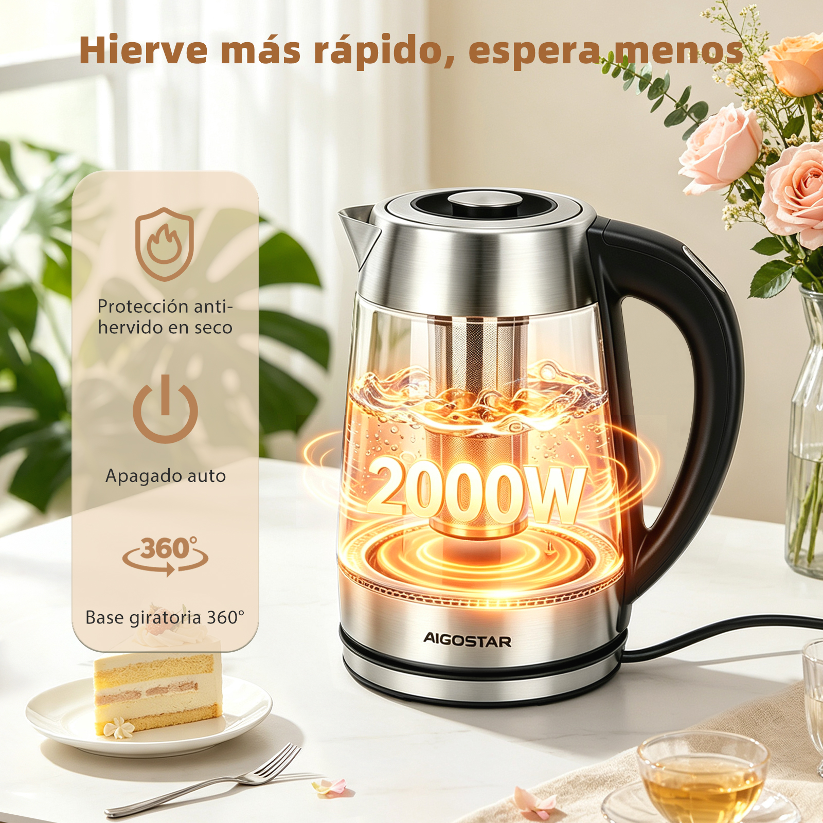 Hervidor de cristal de 2000W, acero inoxidable, efecto de calor y gráficos.