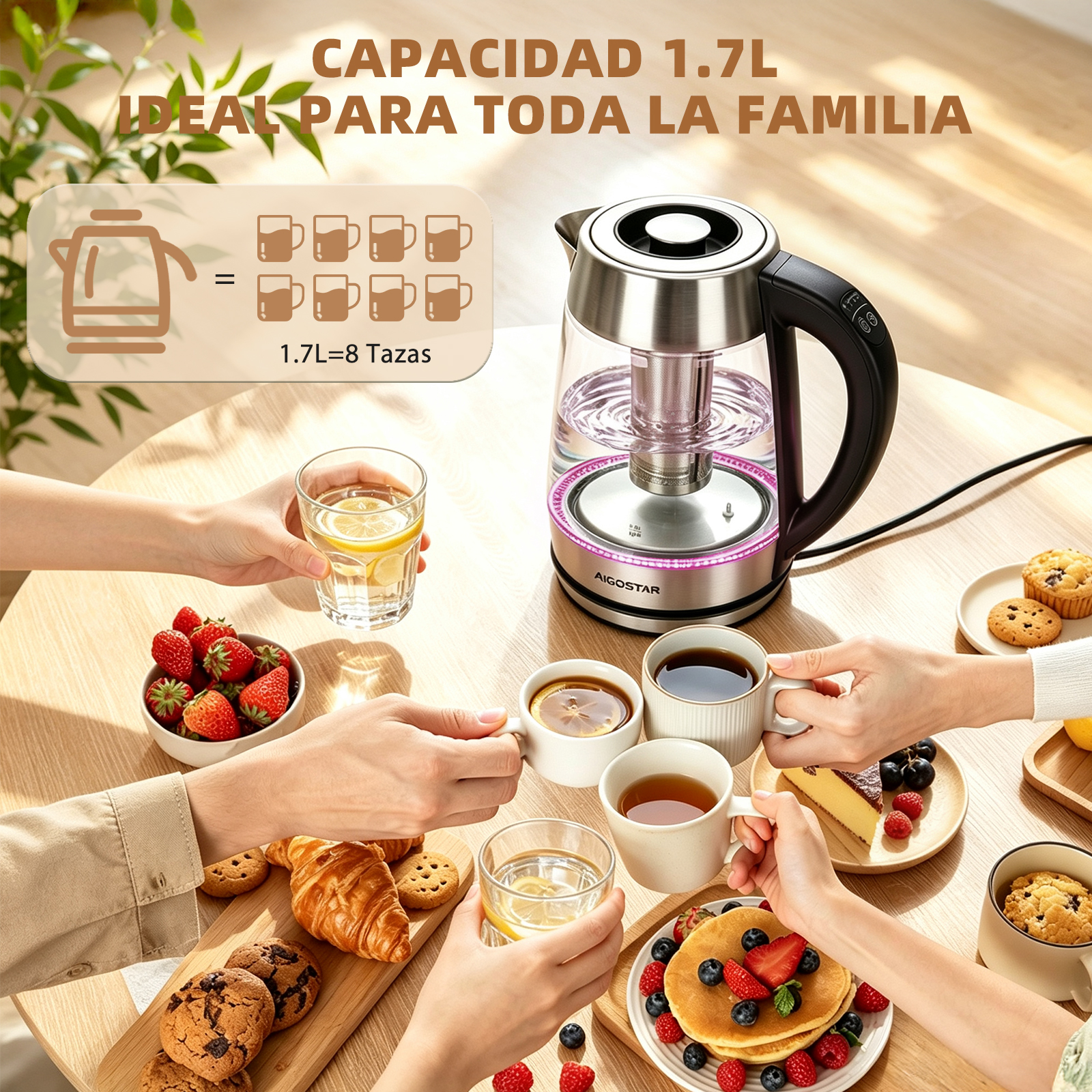 Un hervidor de vidrio en una mesa de madera, rodeado de personas con té, café y comida de desayuno.