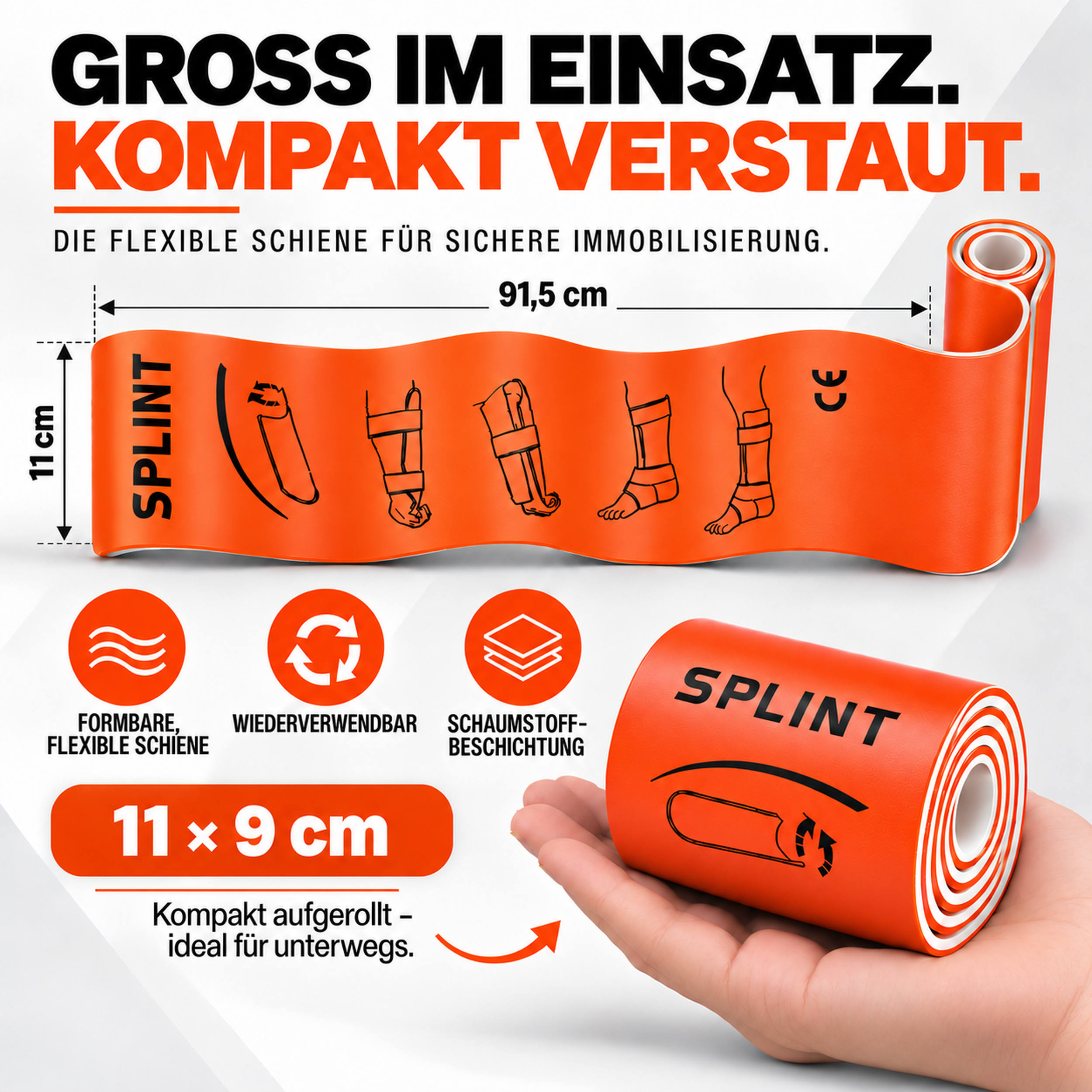 Orangefarbene, kompakte Erste-Hilfe-Schiene mit Abbildungen zur Anwendung und Maßen.