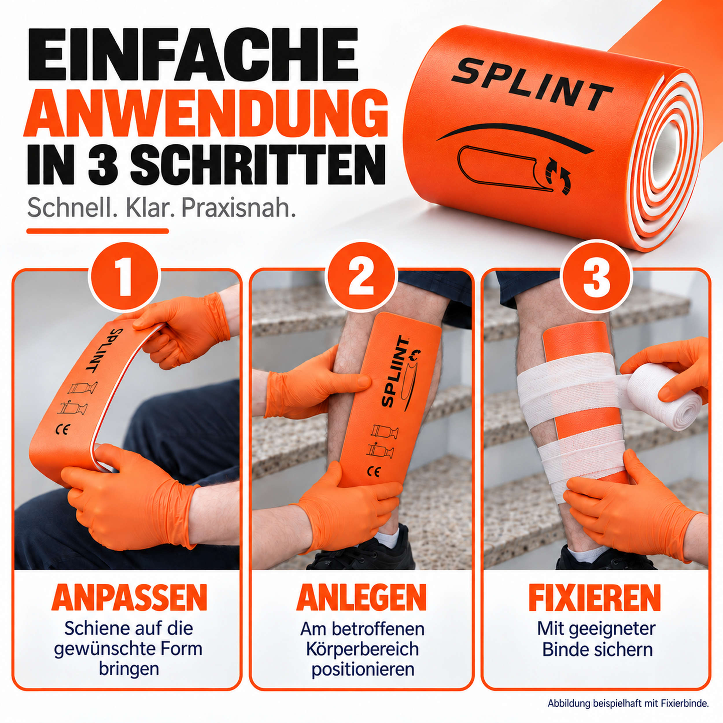 Anleitung in 3 Schritten: Schiene anpassen, anlegen und mit Binde fixieren.