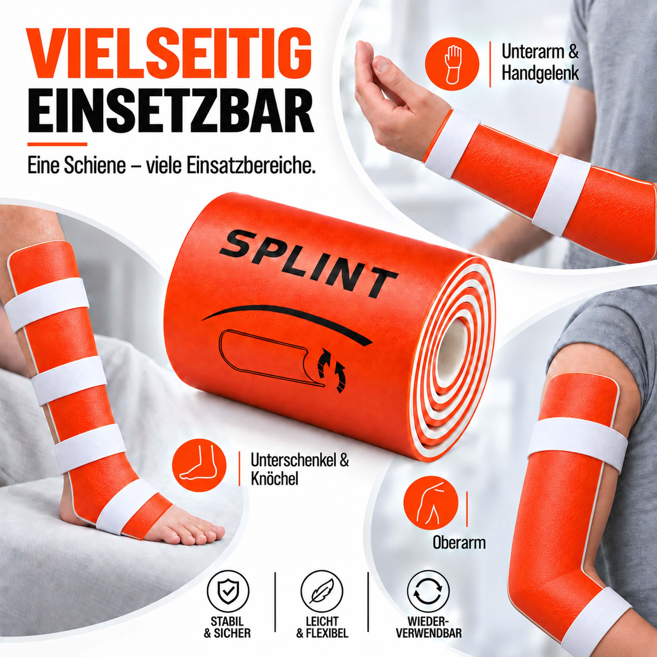 Orangene Rolle medizinische Schiene mit Anwendungsbeispielen für Unterarm, Unterschenkel und Oberarm.