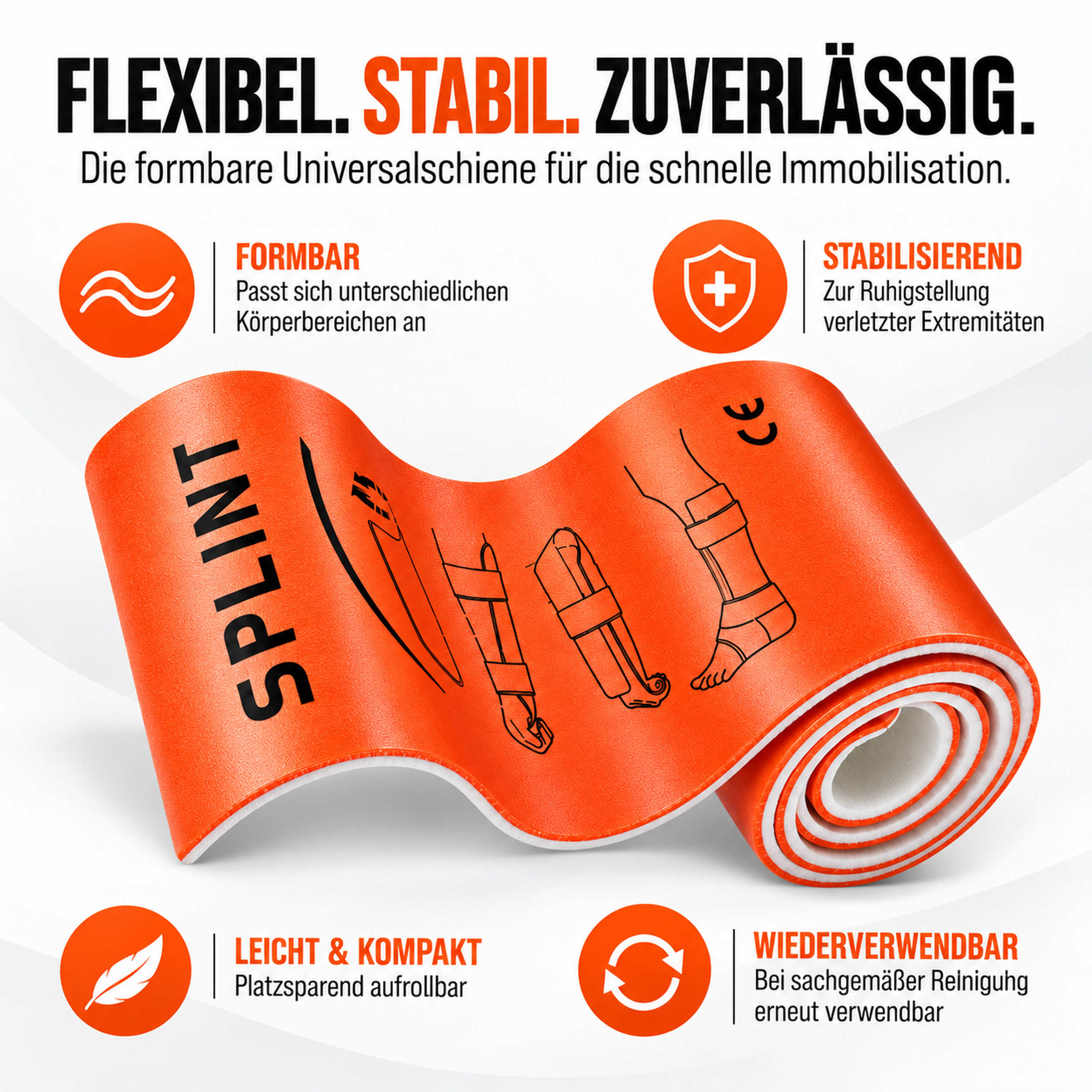 Eine flexible orangefarbene Universalschiene mit Anleitungszeichnungen zur Ruhigstellung von Verletzungen.
