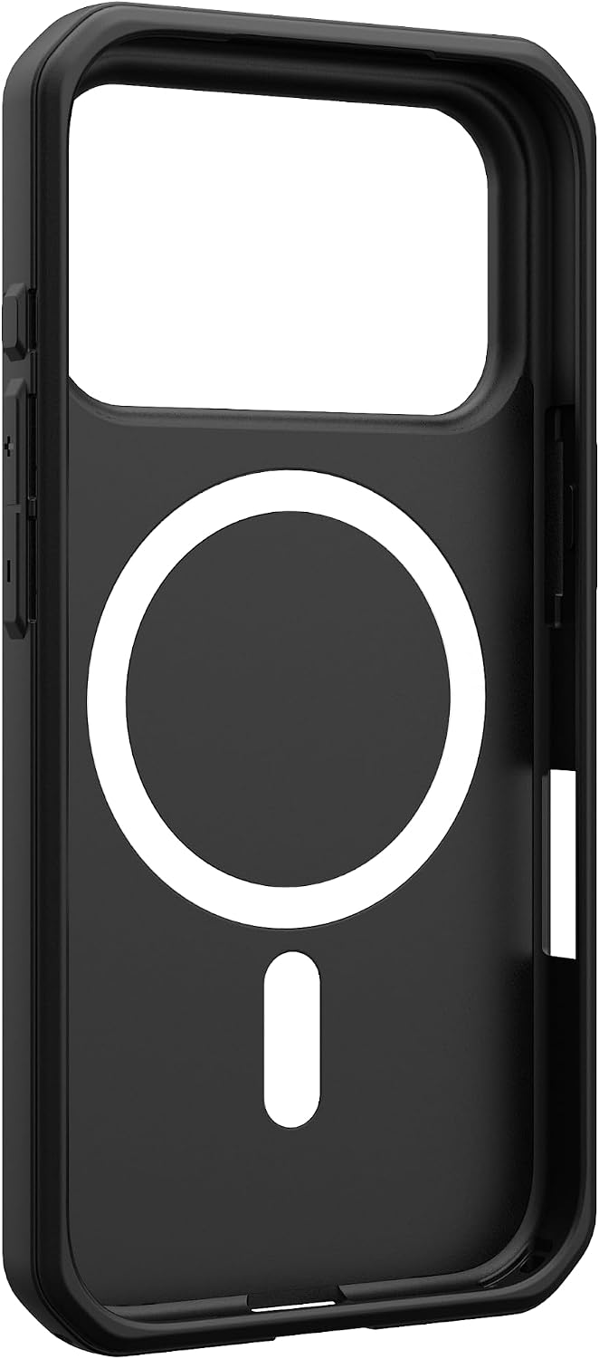 Schwarze Schutzhülle mit weißem magnetischem Ring und Ladesymbol auf der Innenseite.