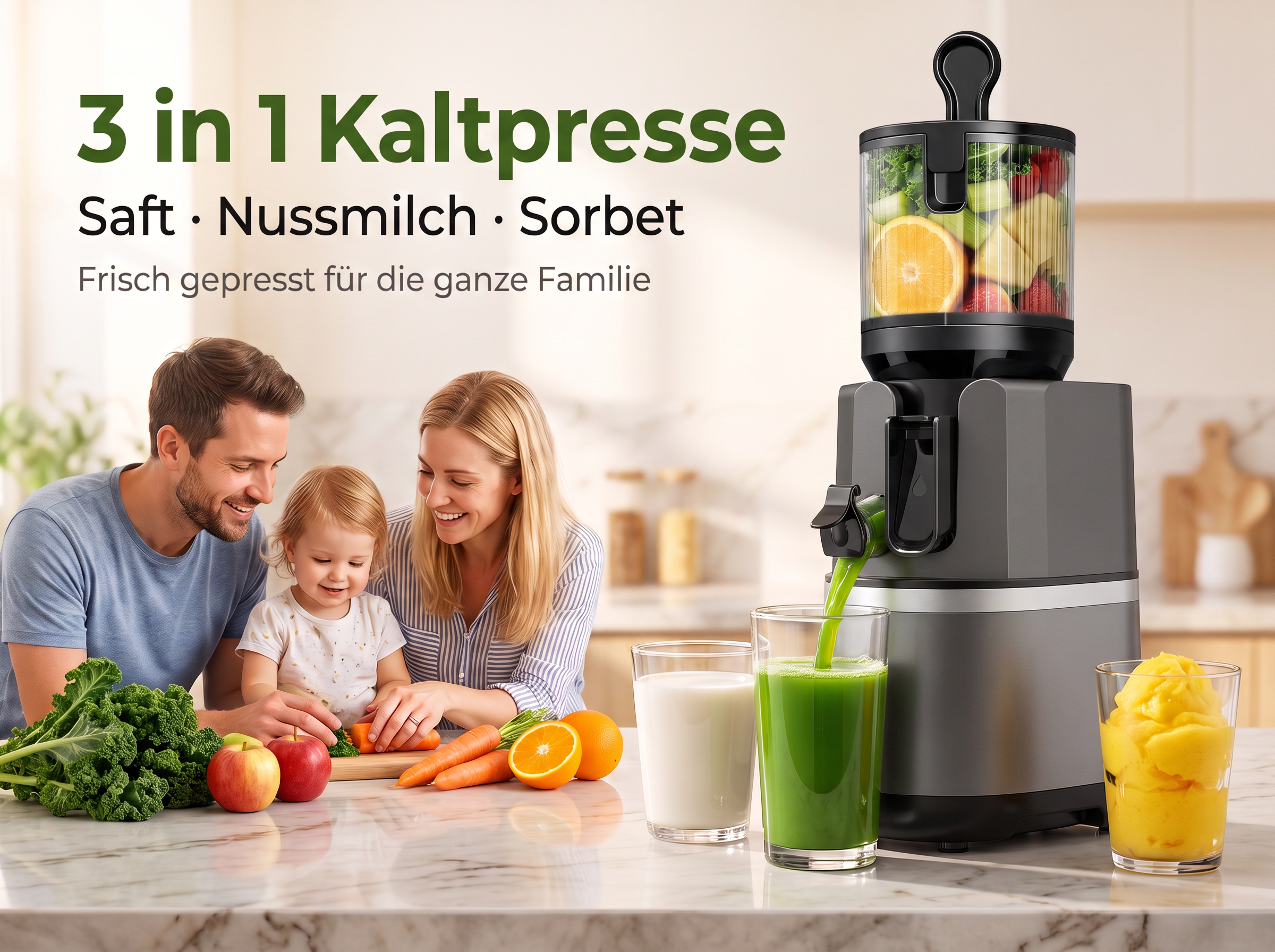 Eine Familie bereitet in der Küche Saft zu, während eine große Kaltpresse grünen Saft in ein Glas gießt.