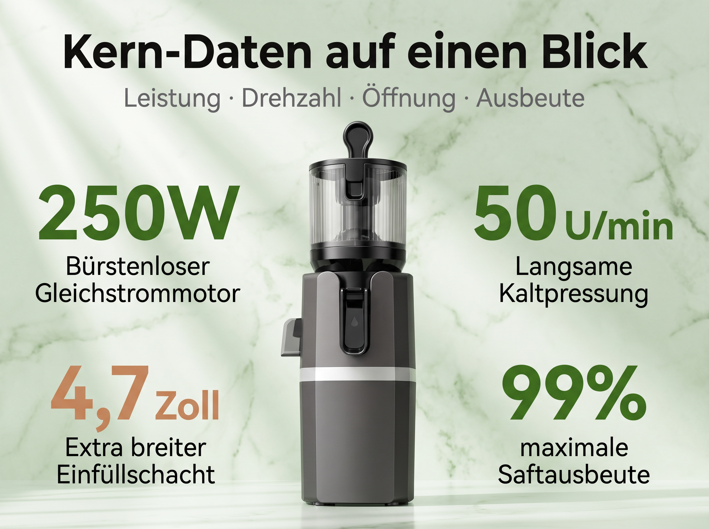 Ein schwarzer Entsafter auf Marmor mit technischen Daten auf Deutsch drumherum.