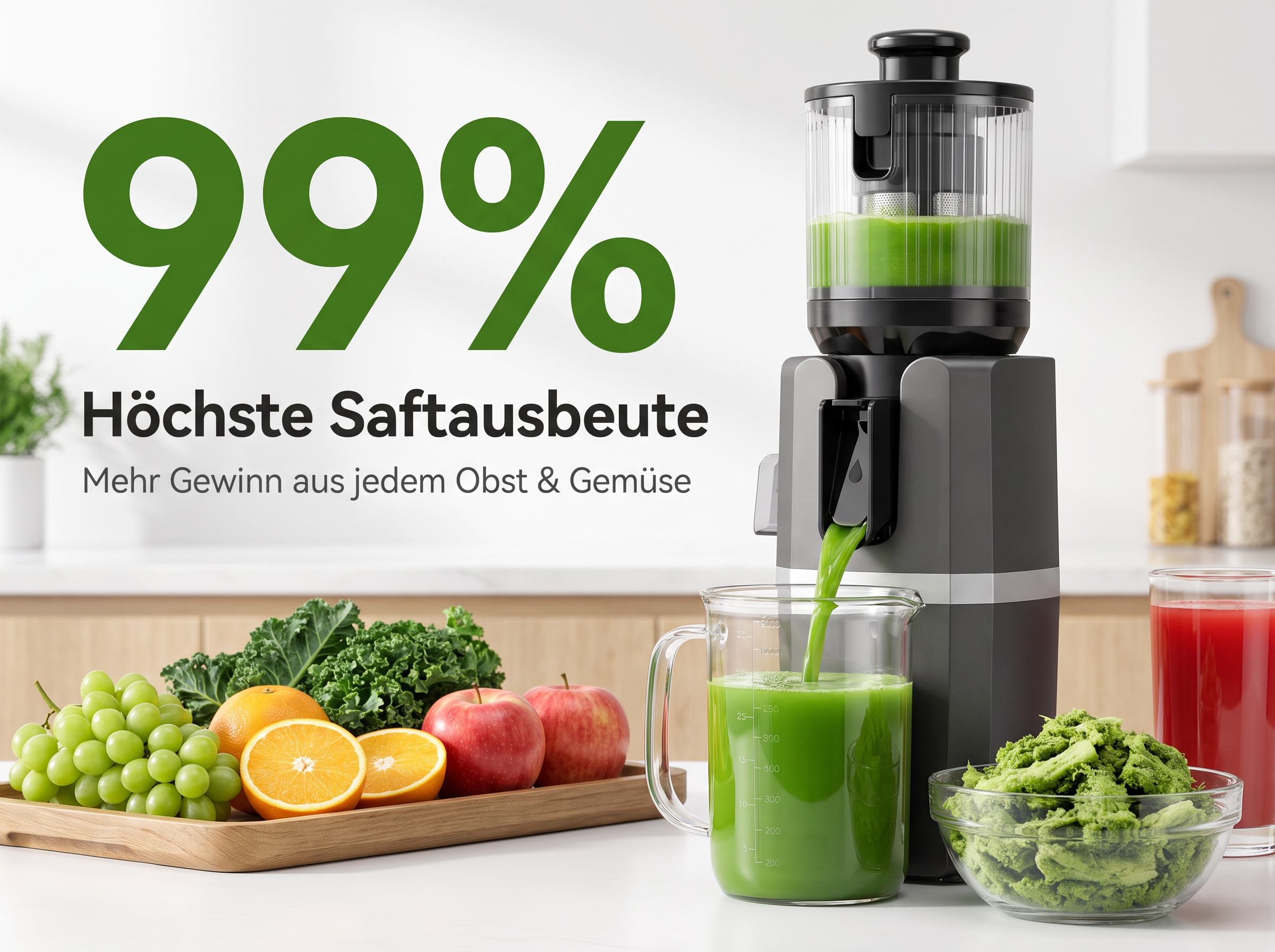 Ein Entsafter füllt grünen Saft in einen Krug, daneben liegen frisches Obst, Gemüse und ein roter Saft.
