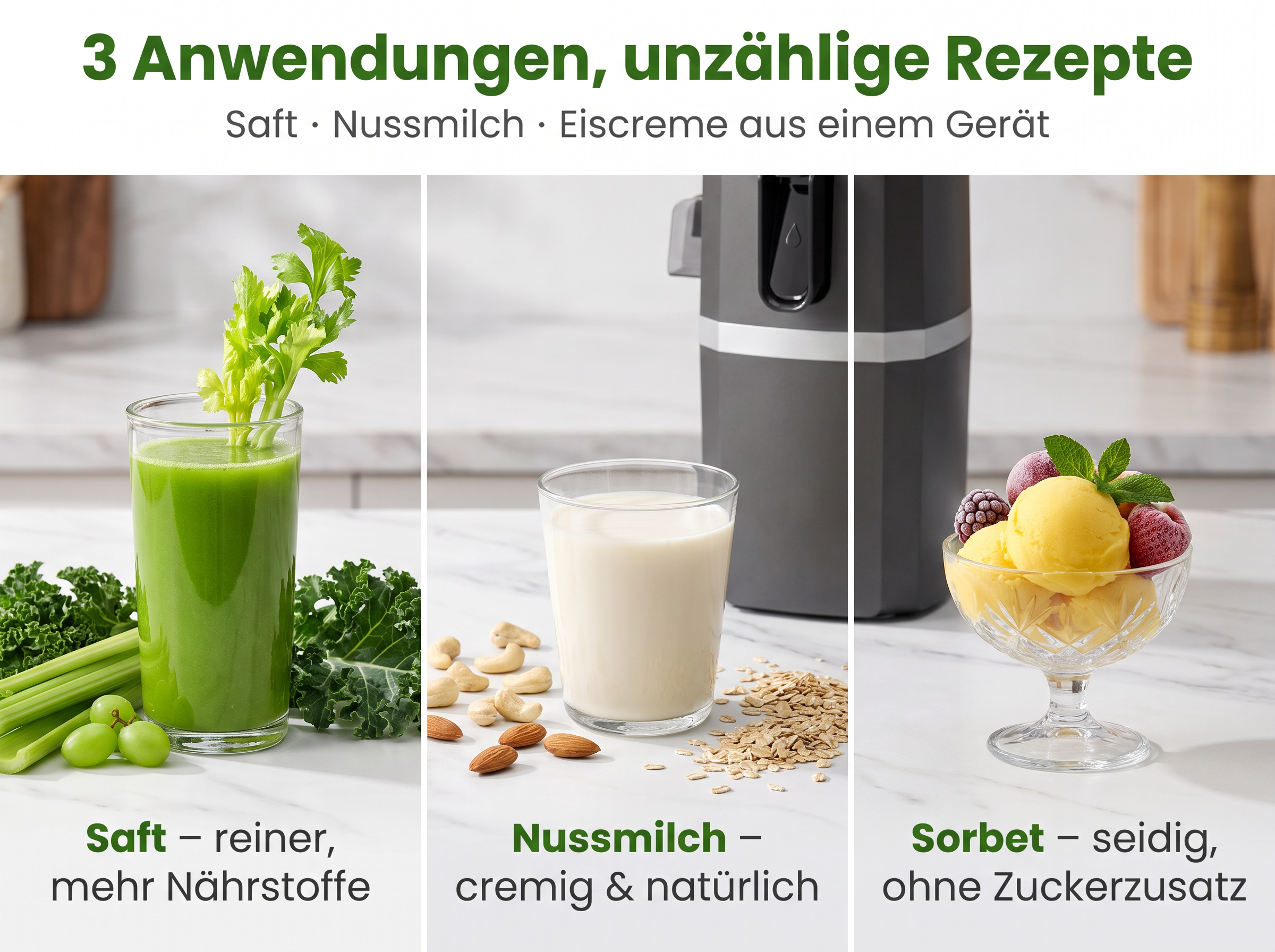 Ein multifunktionales Küchengerät zeigt drei Funktionen: grüner Saft, Nussmilch mit Zutaten und gelbes Sorbet.