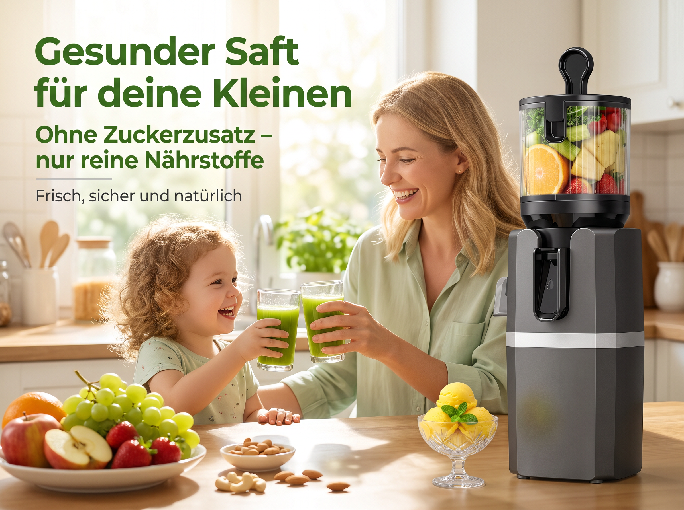 Eine Mutter und ihr Kind lächeln in der Küche und halten Gläser mit grünem Saft neben einem Entsafter.