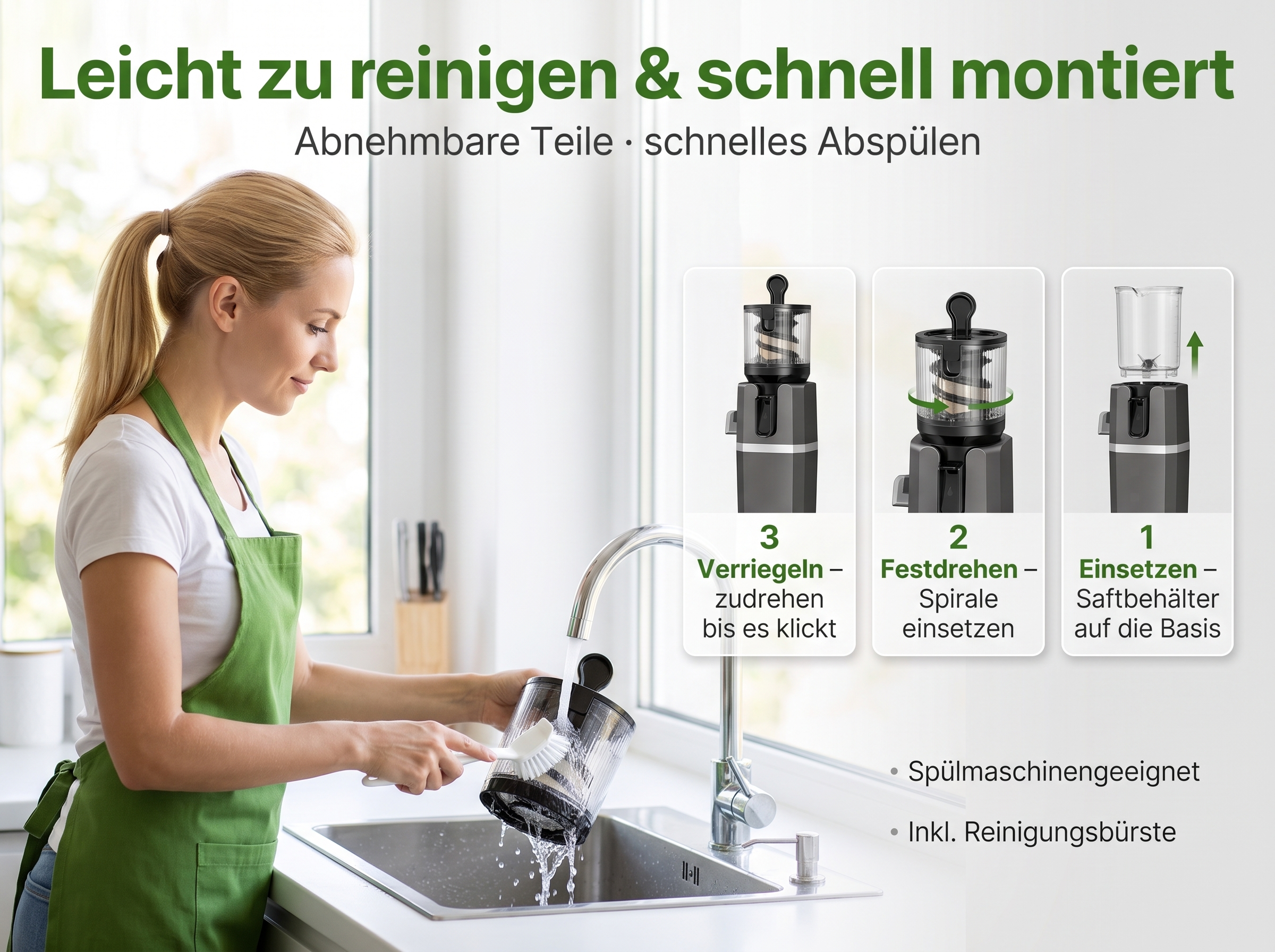 Frau wäscht Entsafter-Teil am Wasserhahn, mit Infografik zur Montage und Texten auf Deutsch.