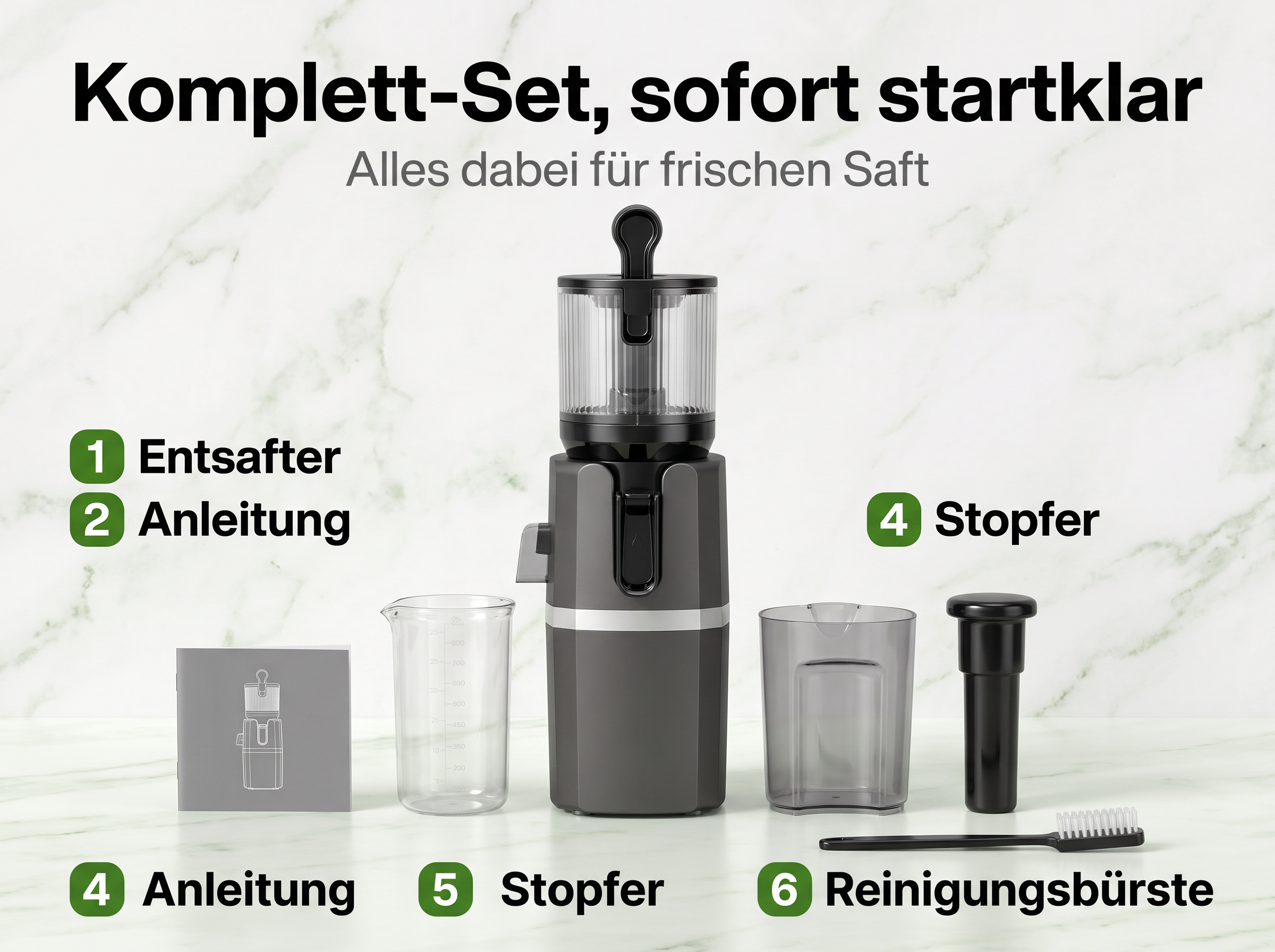 Entsafter-Set mit Juicer, Messbecher, Behälter, Stopfer, Reinigungsbürste und Anleitung.