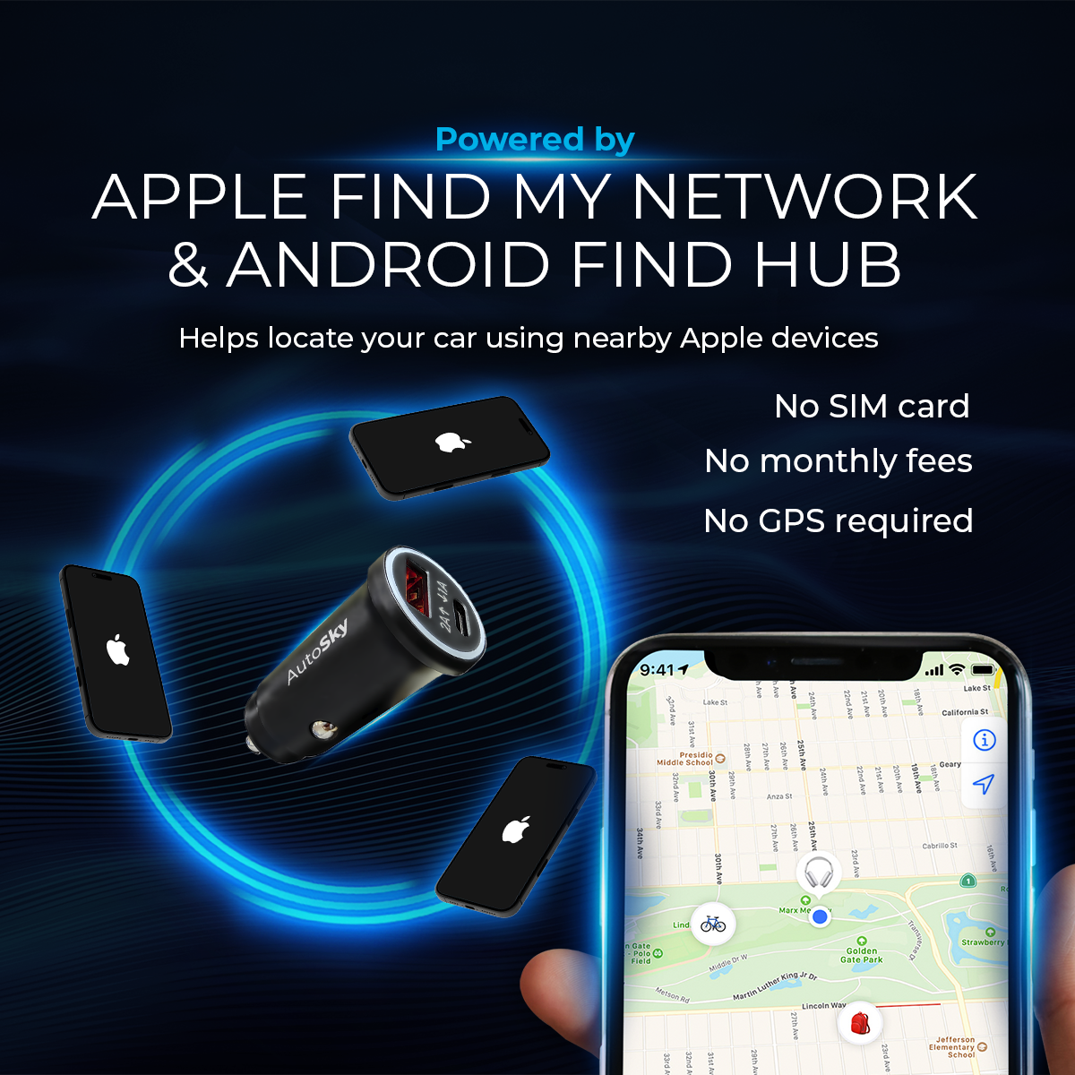 Un cargador de coche AutoSky conectado a redes Apple y Android con mapa y teléfonos.