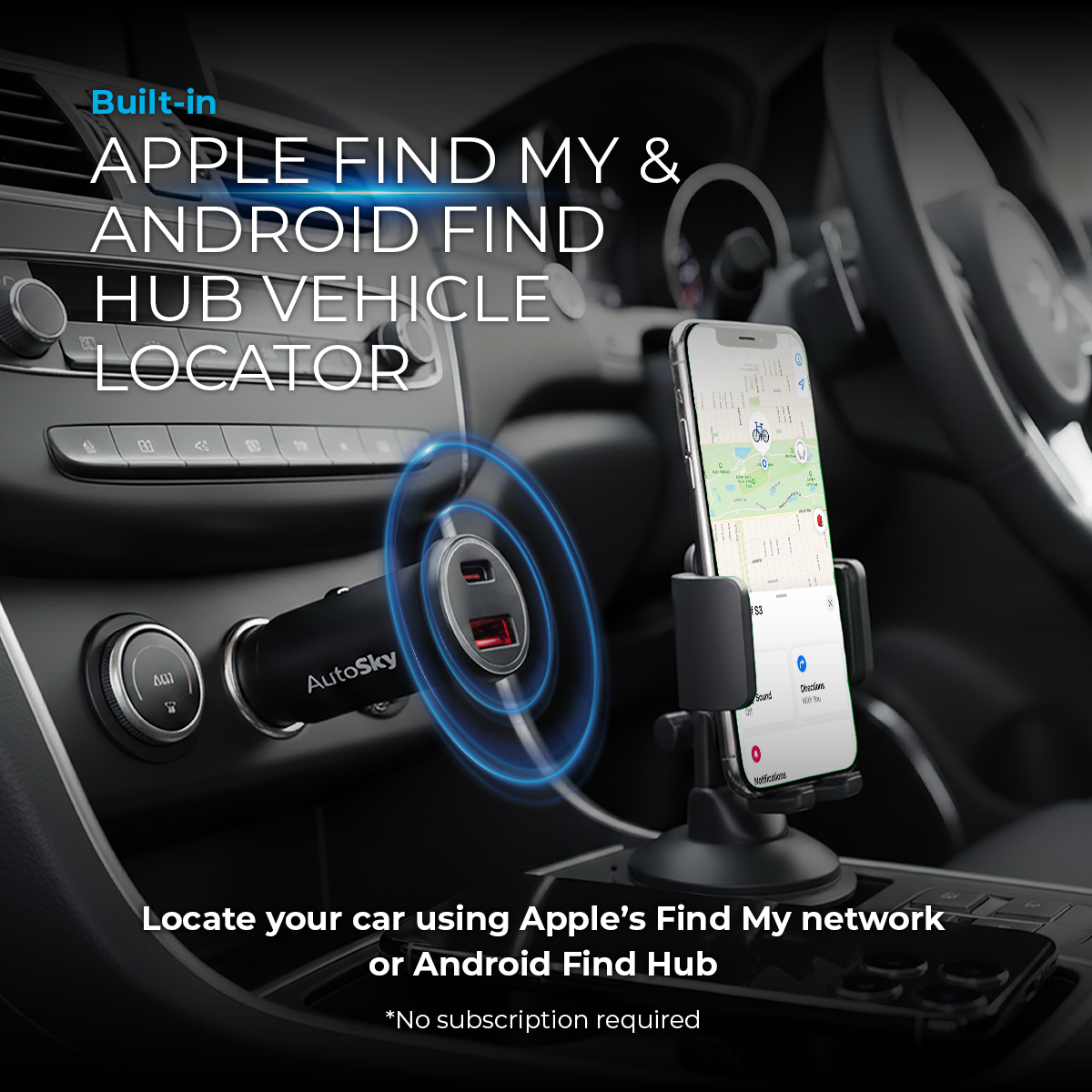 Un cargador de coche en el salpicadero muestra funciones de localizador Apple Find My y Android Find Hub.