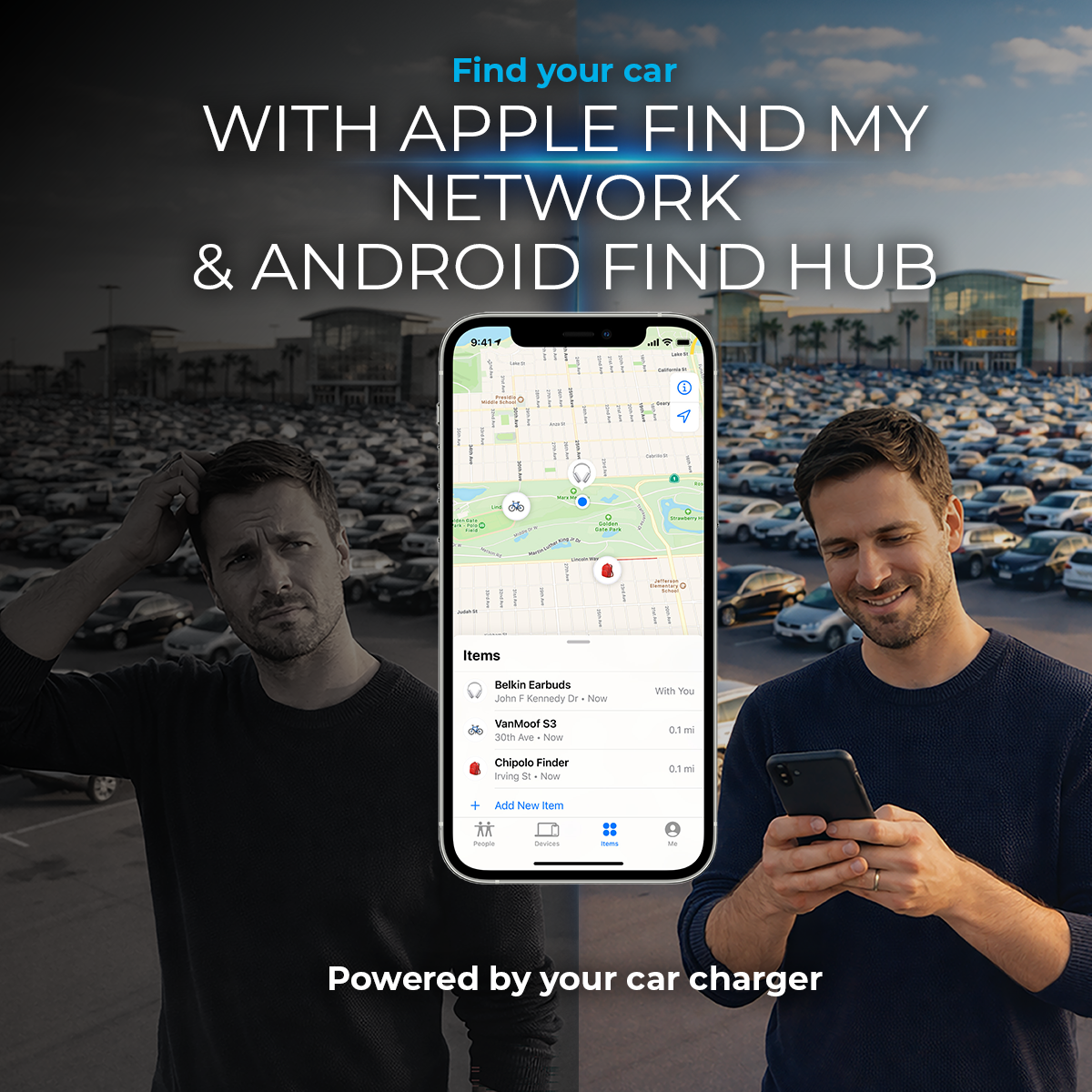 Un hombre busca su coche desconcertado, mientras otro usa feliz su móvil con una app.