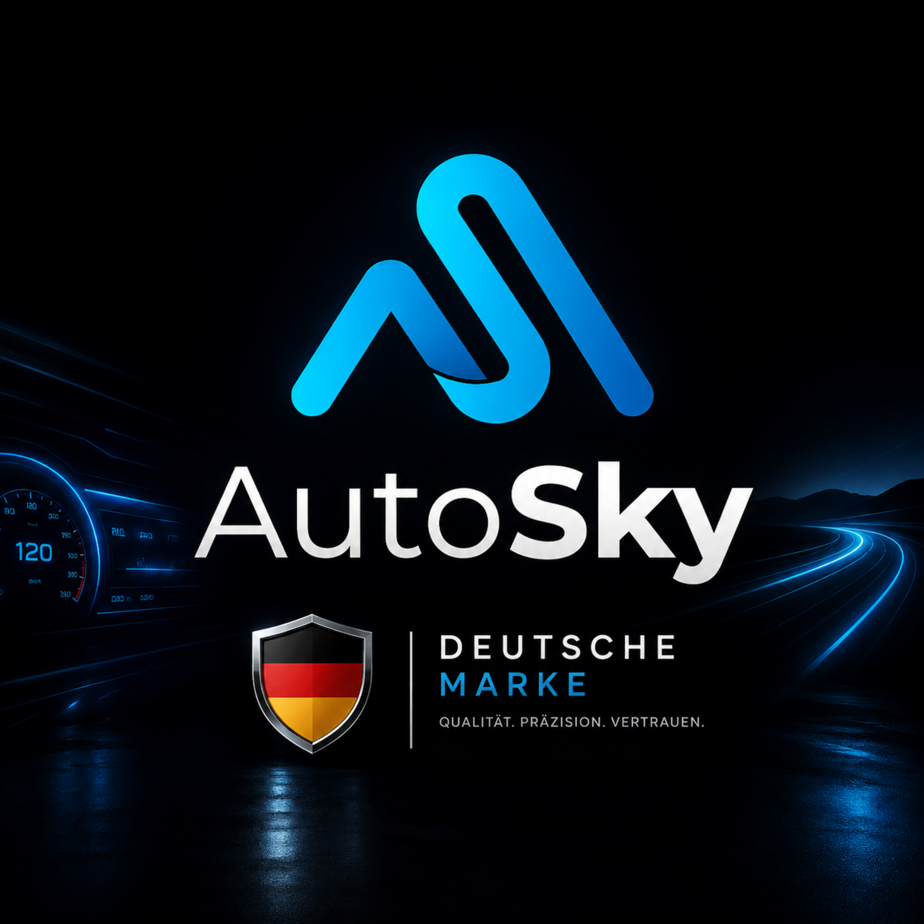 Logotipo de AutoSky con icono azul, nombre de marca y escudo de la bandera alemana sobre fondo oscuro.