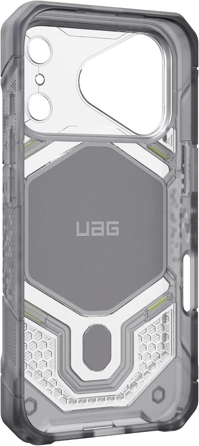 Custodia per telefono UAG grigia trasparente con design esagonale sul retro.