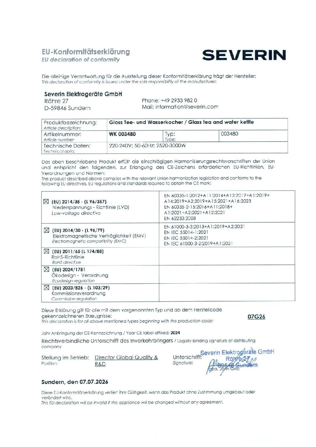 Declaración de conformidad UE para hervidor de agua Severin, modelo WK 003480.