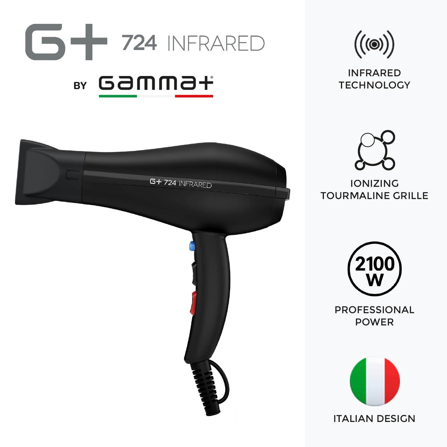 Asciugacapelli a infrarossi Gamma+ 724 nero con icone per infrarossi, ionizzazione, 2100W e design italiano.