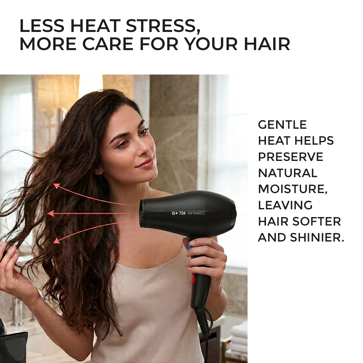 Donna che si asciuga i lunghi capelli castani con un phon a infrarossi.