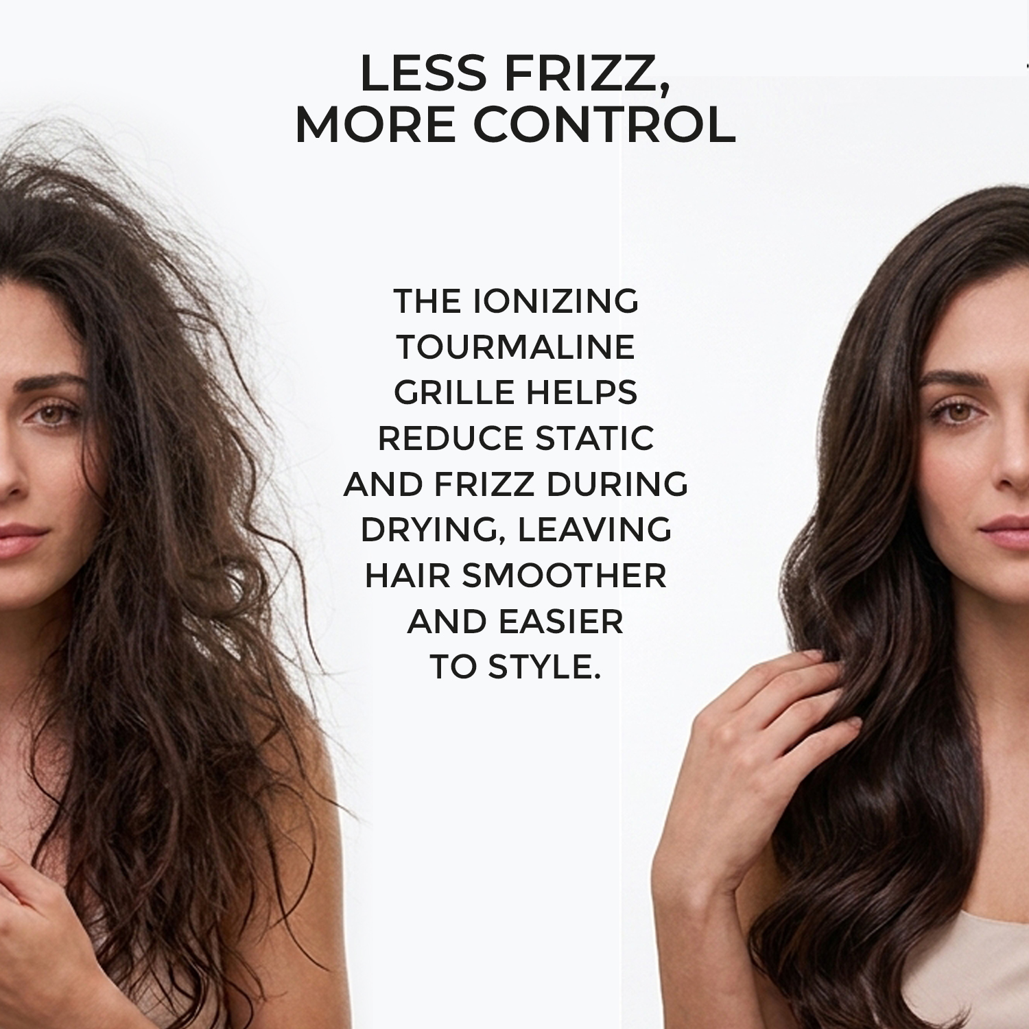 Confronto prima e dopo dei capelli di una donna, con capelli crespi a sinistra e lisci a destra.