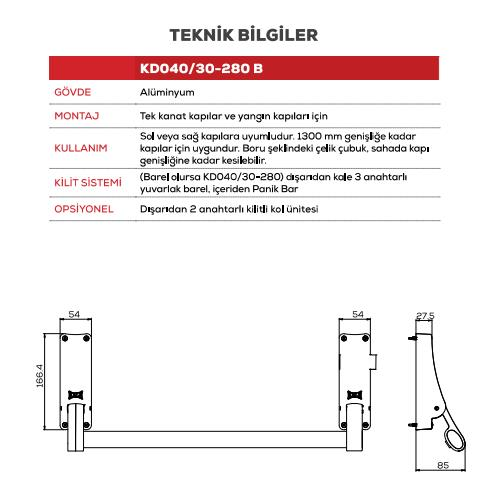 Alüminyum panik barın teknik özellikleri ve ölçülendirme çizimi.