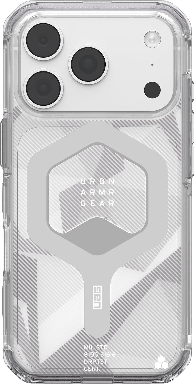 Transparente Schutzhülle mit sechseckigem UAG-Logo und verstärkten Ecken für ein Smartphone.