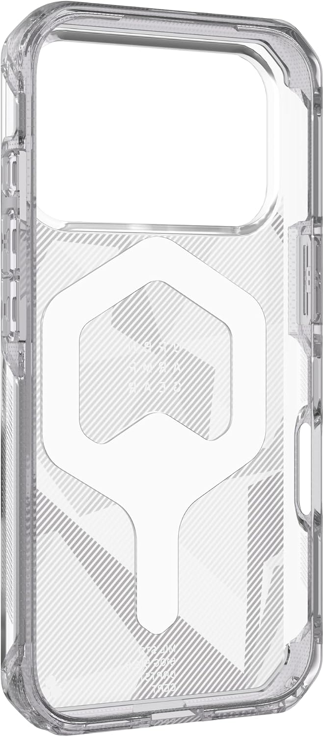 Transparente Schutzhülle mit integriertem Magnetring und geometrischem Muster auf der Rückseite.