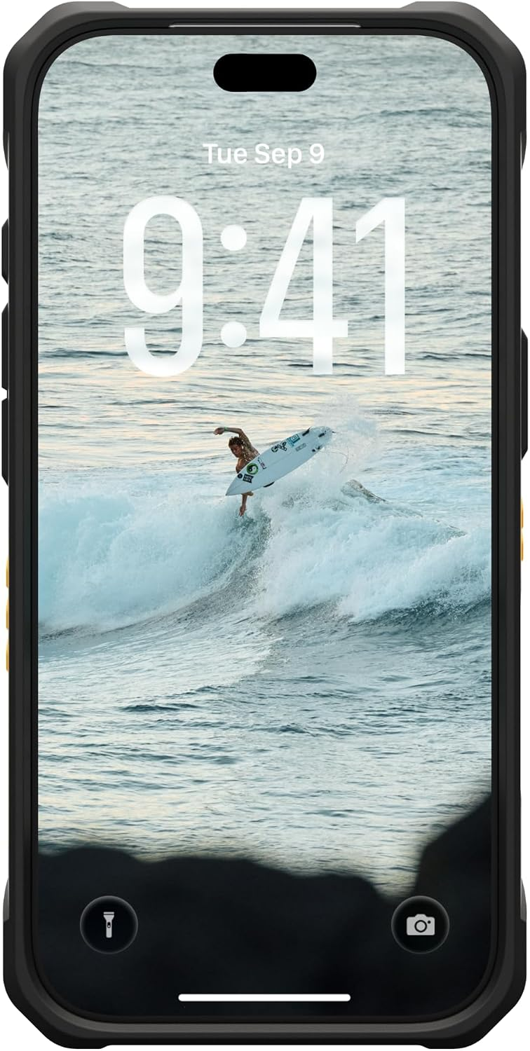 Ein Smartphone zeigt einen Surfer auf einer Welle und die Uhrzeit 9:41 auf dem Bildschirm.