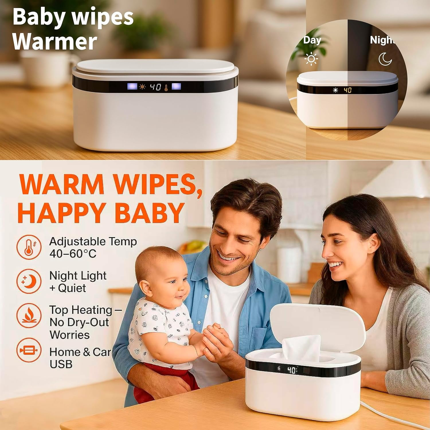 Eine lächelnde Familie mit Baby neben einem weißen Feuchttuchwärmer mit Digitalanzeige.