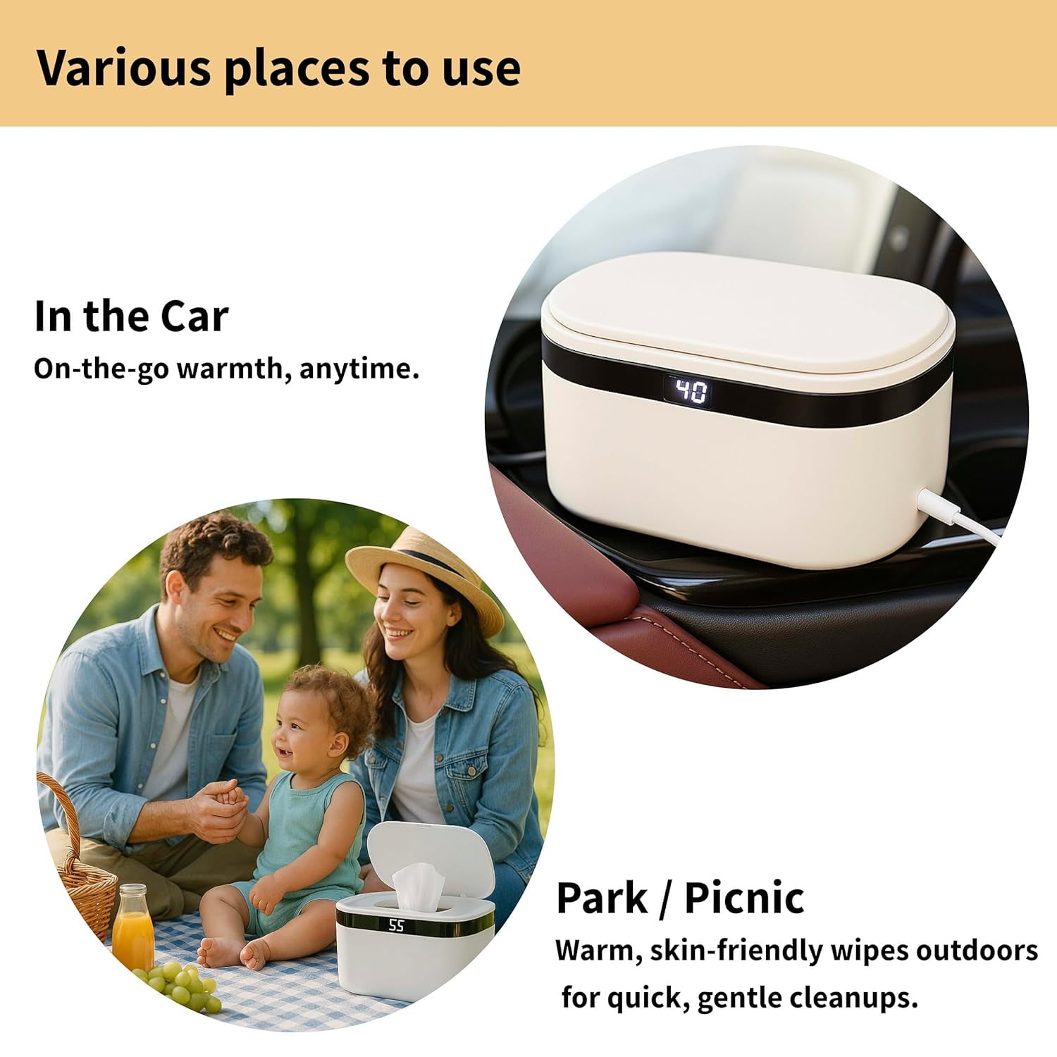 Ein weißes Feuchttuch-Heizgerät im Auto und eine glückliche Familie, die ein Picknick im Park macht.