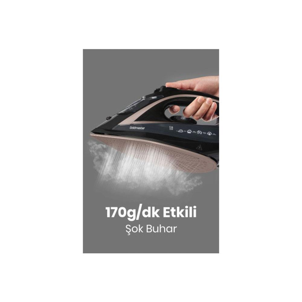 Bir el, güçlü buhar püskürten siyah bir ütüyü tutuyor.