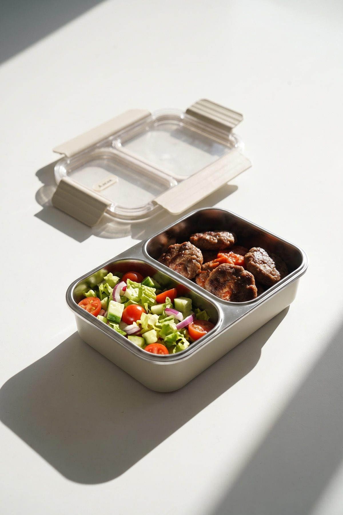Beyaz bir masada bölmeli beslenme çantası. Bir bölmede salata, diğerinde köfte var.