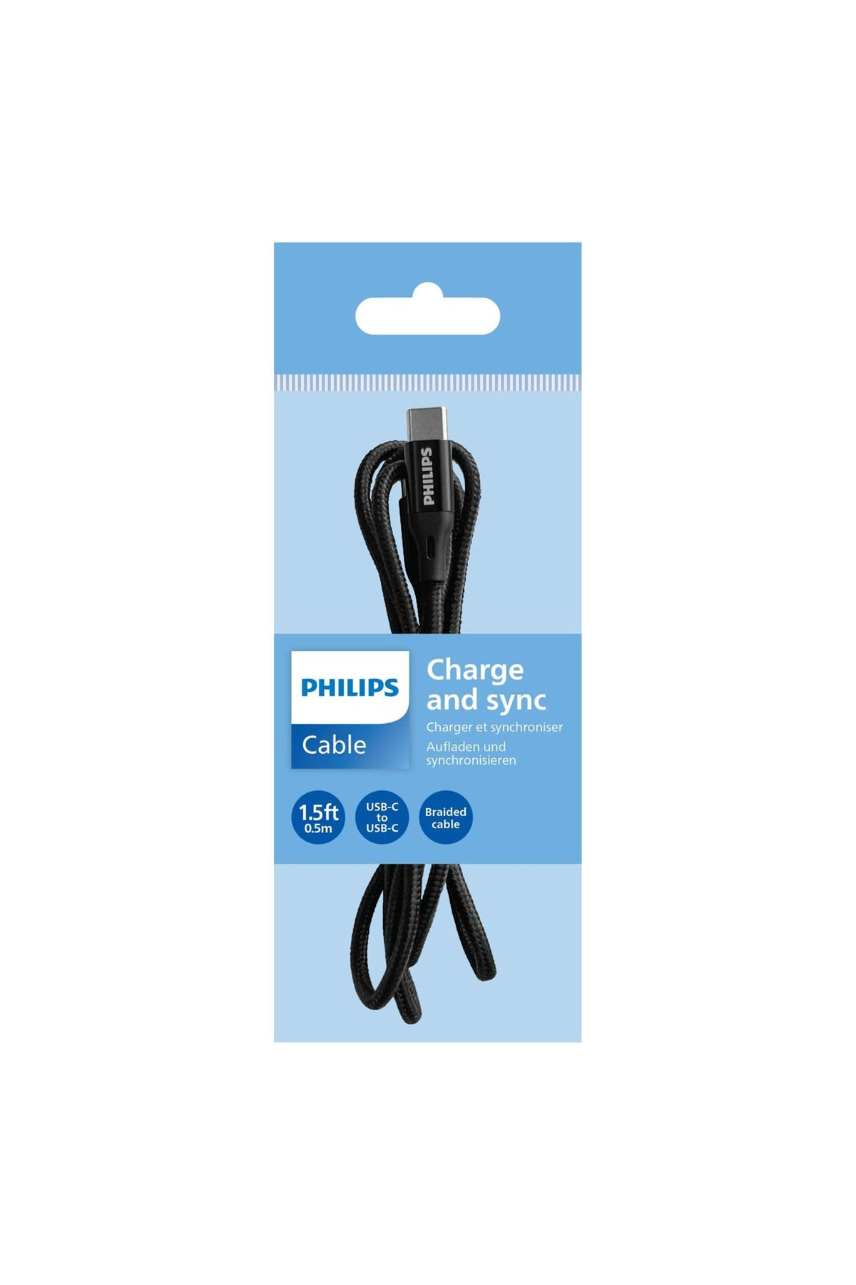 Mavi ambalajında Philips USB-C kablosu.