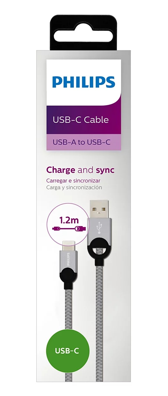 Beyaz ve mor ambalajlı, 1,2 m uzunluğunda Philips USB-A - USB-C kablosu.