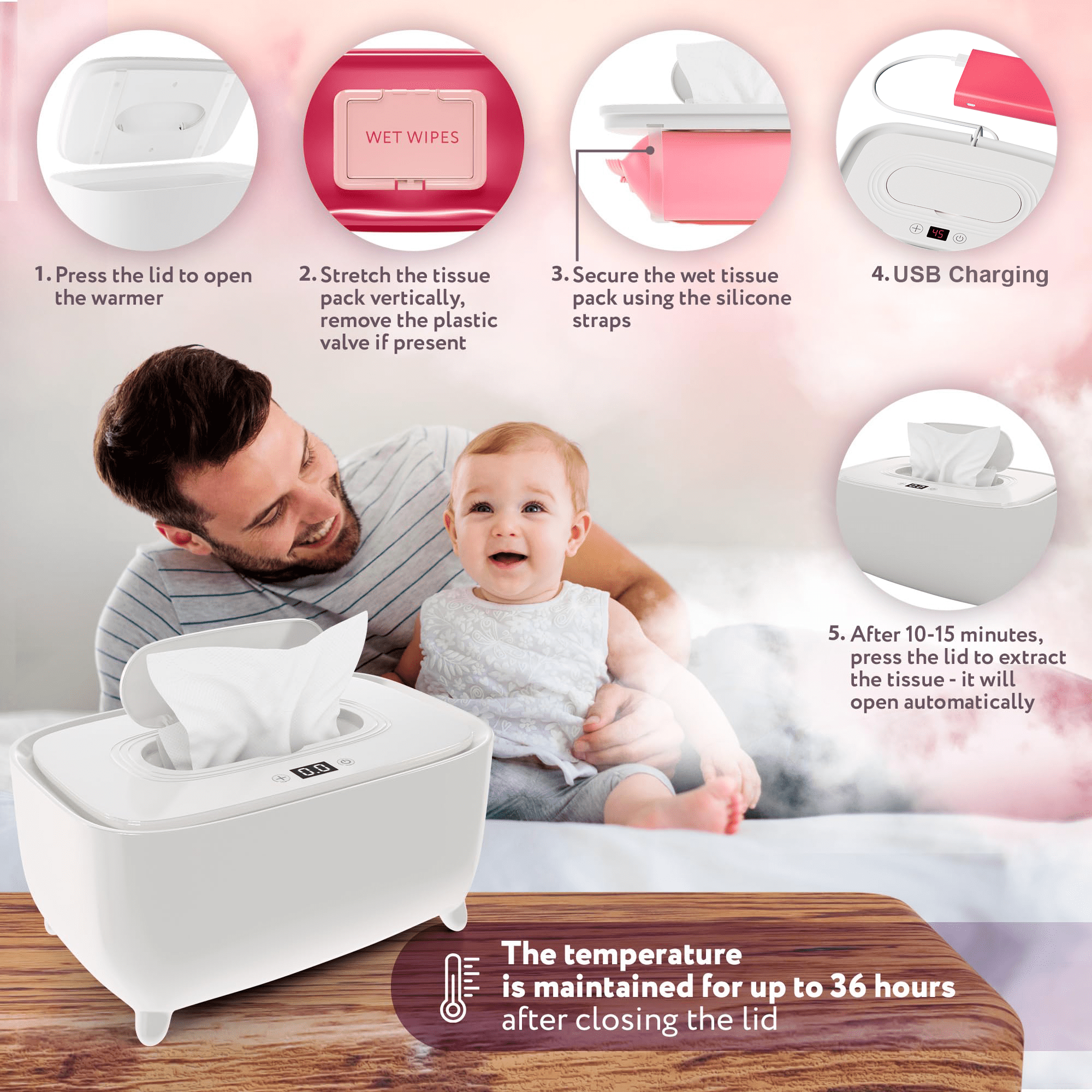 Ein Mann und ein Baby lächeln neben einem weißen Feuchttuchwärmer mit Anleitungsschritten.