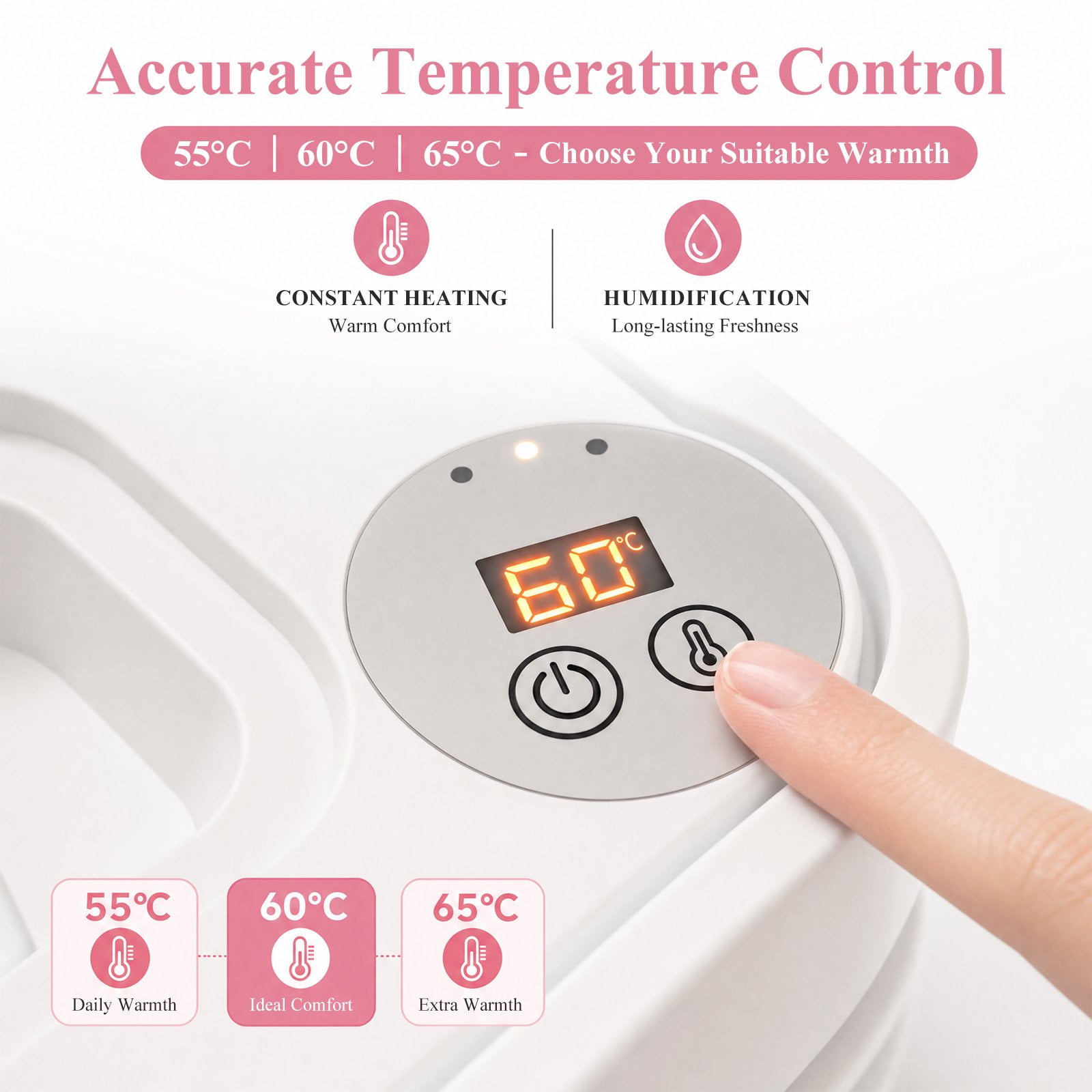 Ein Finger drückt eine Taste an einem weißen Gerät mit digitaler Anzeige, die 60 Grad Celsius anzeigt.