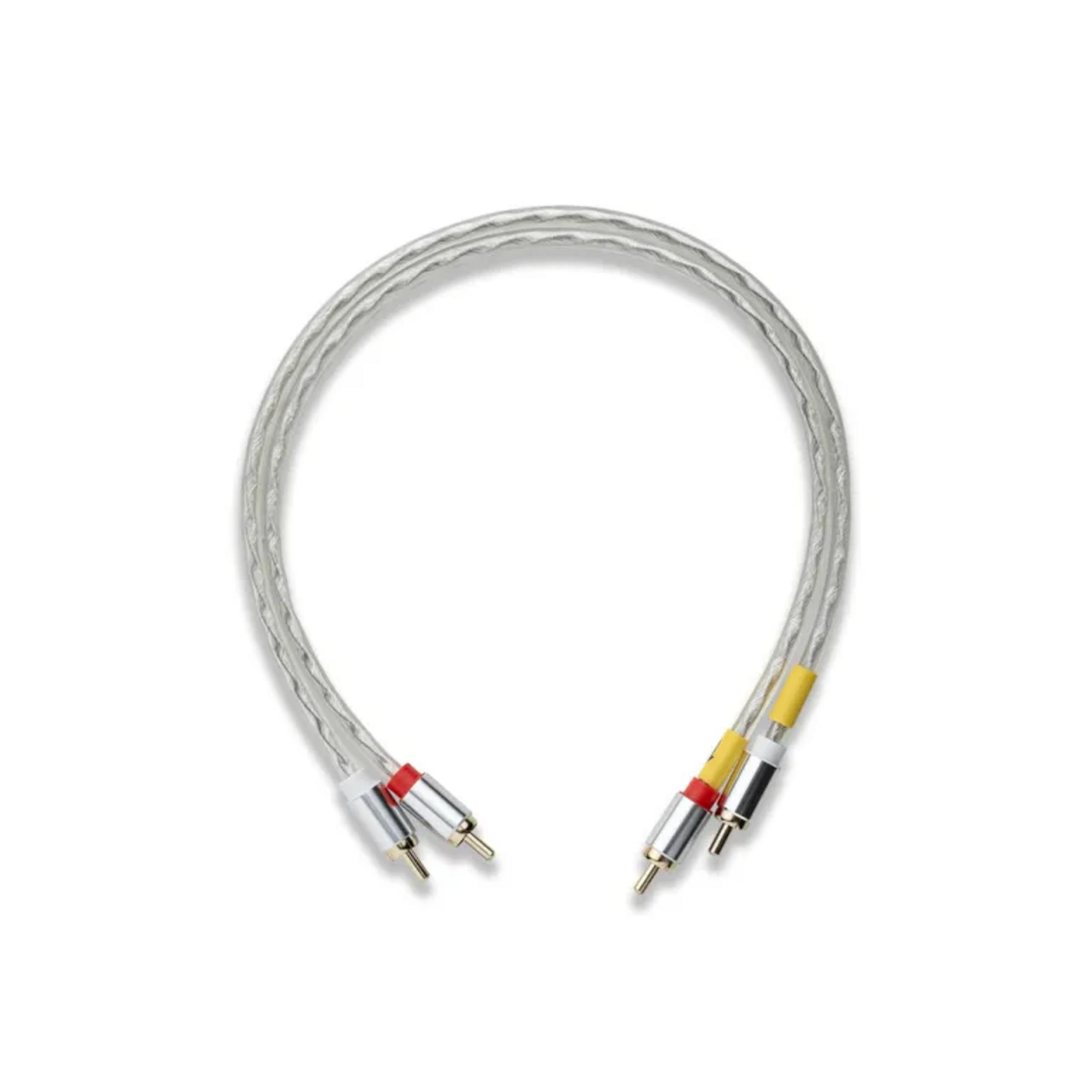 Biały kabel audio RCA ze srebrnymi złączami i kolorowymi oznaczeniami na białym tle.