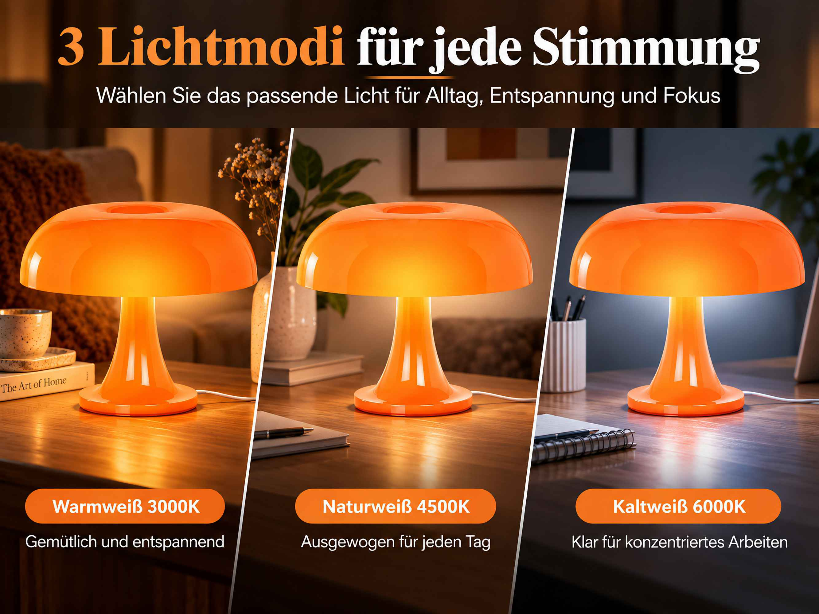 Drei orangefarbene Lampen zeigen drei Lichtmodi: Warmweiß, Naturweiß und Kaltweiß für verschiedene Stimmungen.