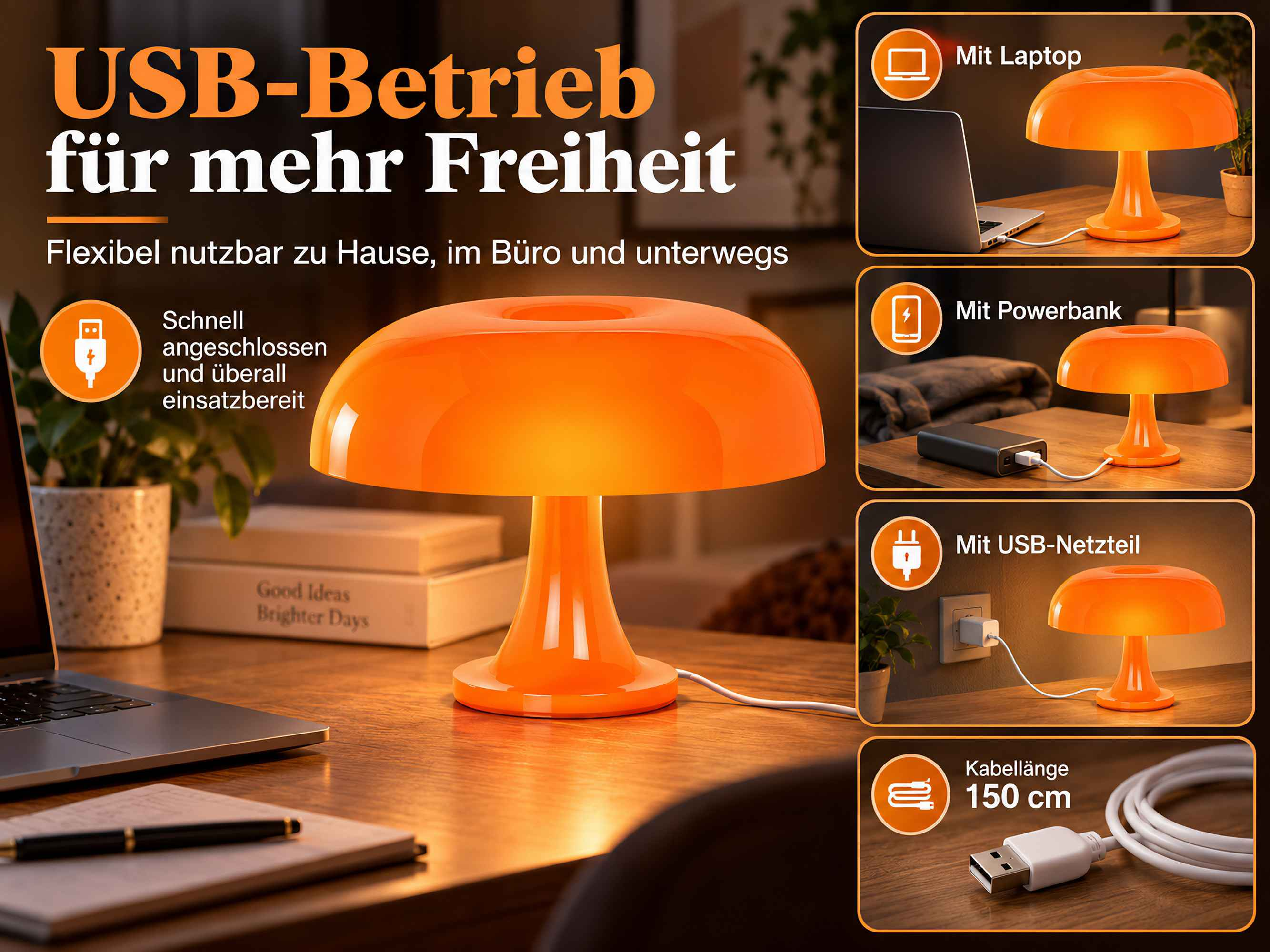 Eine orangefarbene Pilzlampe mit USB-Betrieb, gezeigt mit Laptop, Powerbank und Netzteil.