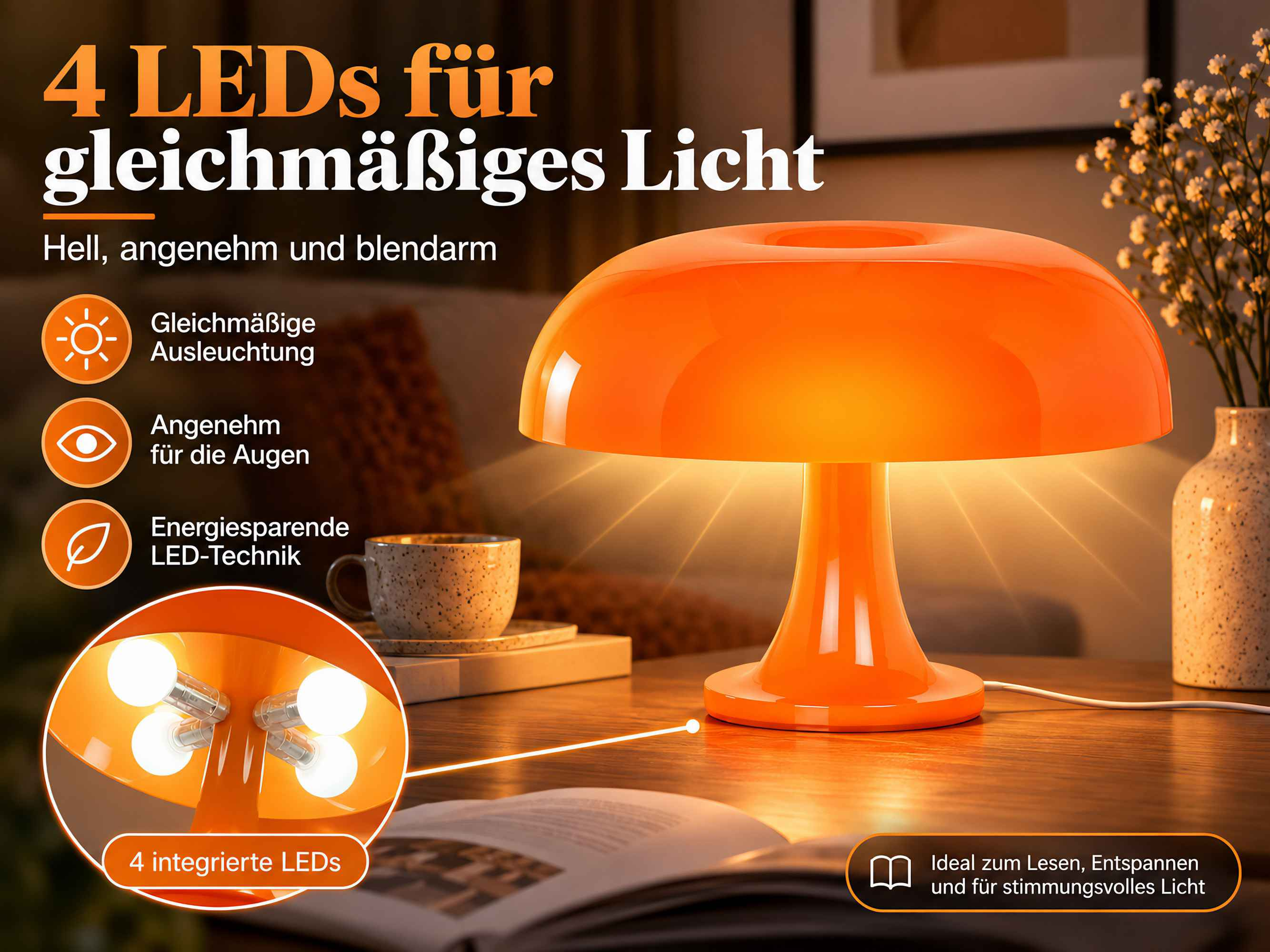 Eine orangefarbene Pilzlampe leuchtet auf einem Holztisch, im Hintergrund sind Tasse und Blumen zu sehen.