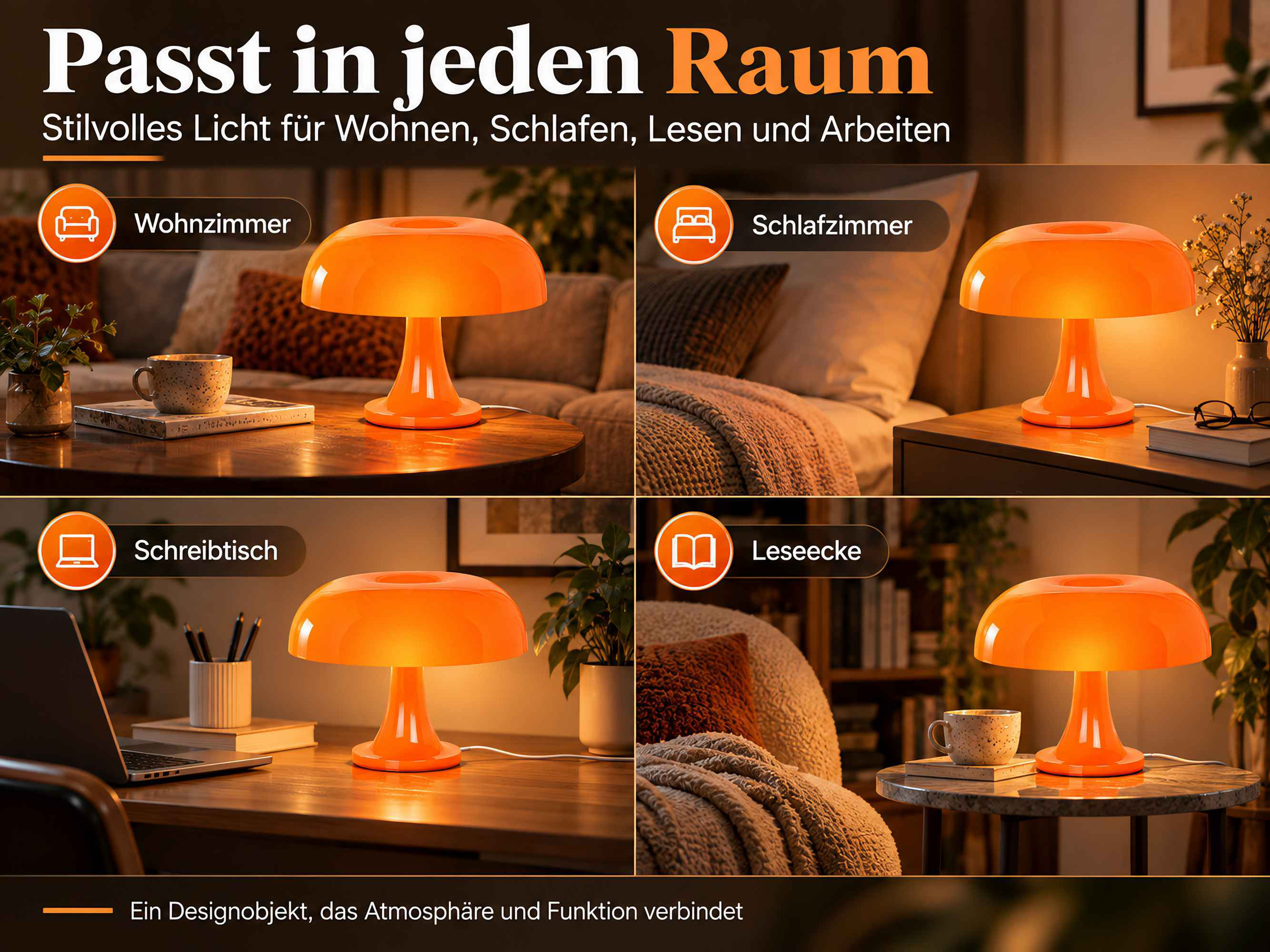 Vier Bilder einer orangefarbenen Pilzlampe in Wohnzimmer, Schlafzimmer, Arbeitszimmer und Leseecke.