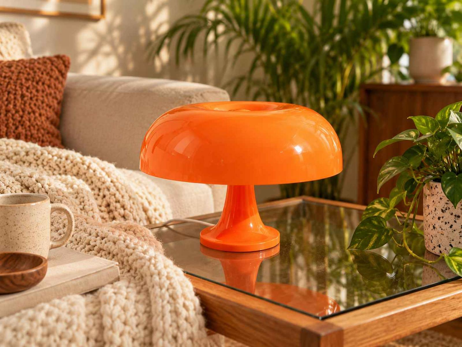 Eine glänzende orange Pilzlampe steht auf einem Glastisch in einem gemütlichen Wohnzimmer.