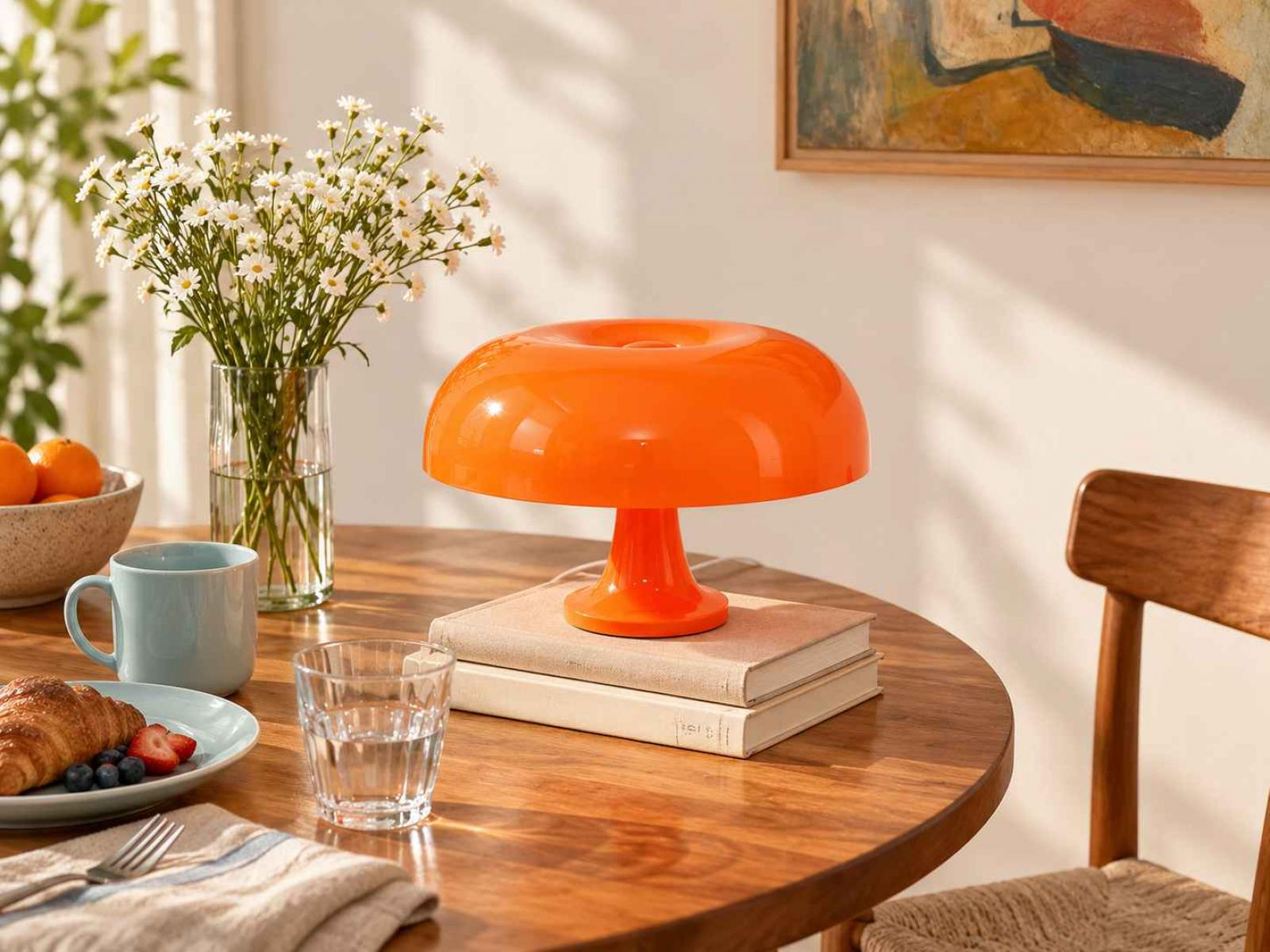 Eine orangefarbene Pilzlampe steht auf zwei Büchern auf einem Holztisch, daneben Blumen, eine Tasse und ein Glas Wasser.