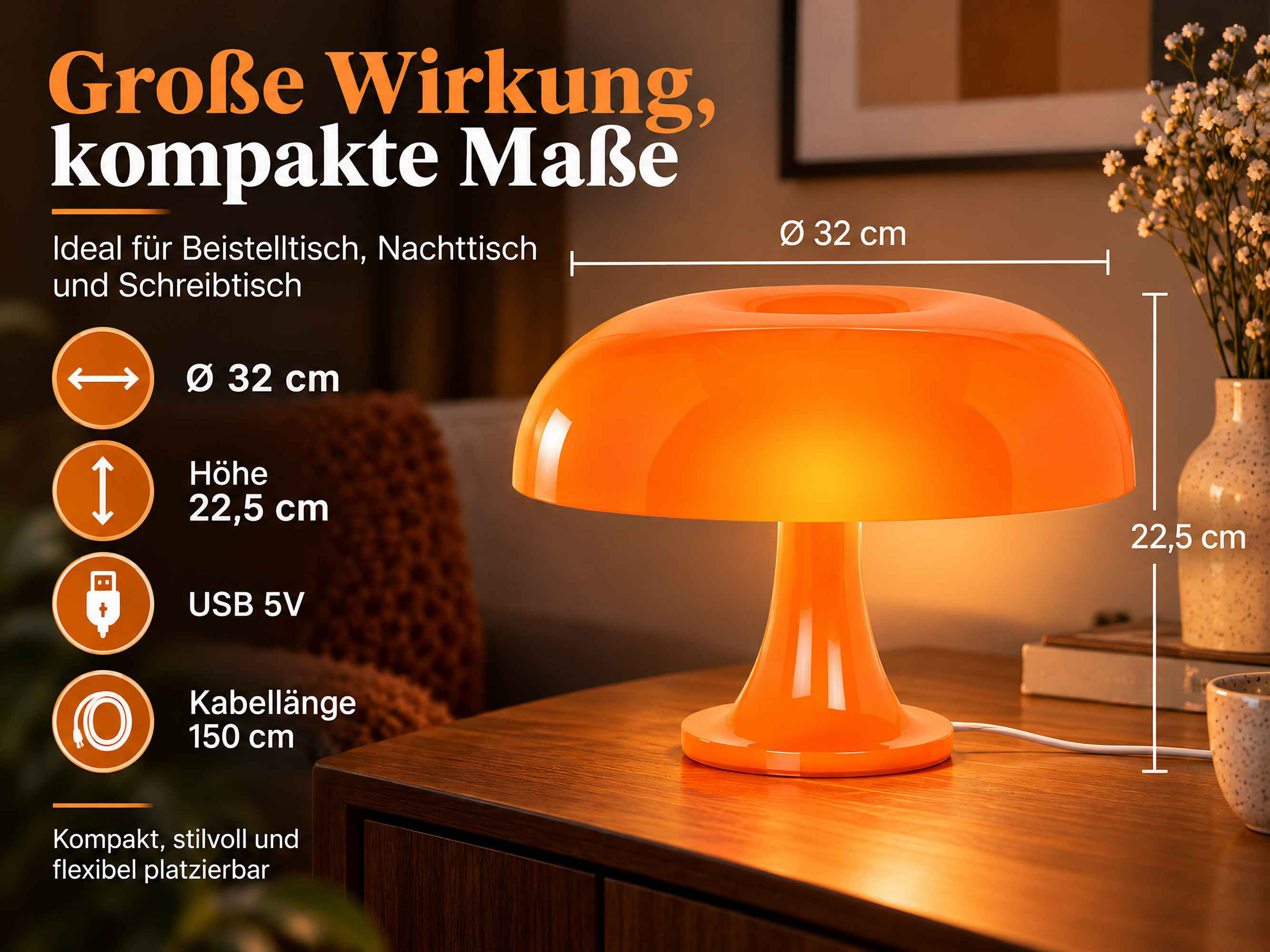 Eine glänzende orange Minitischlampe steht auf einem Holzmöbel mit Größenangaben.