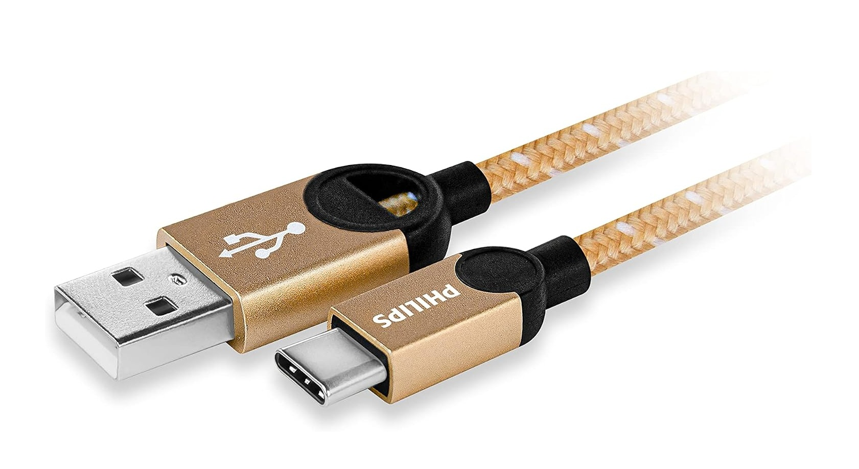 Beyaz arka planda örgülü kılıfa ve metal konektörlere sahip altın rengi Philips USB-A - USB-C kablosu.
