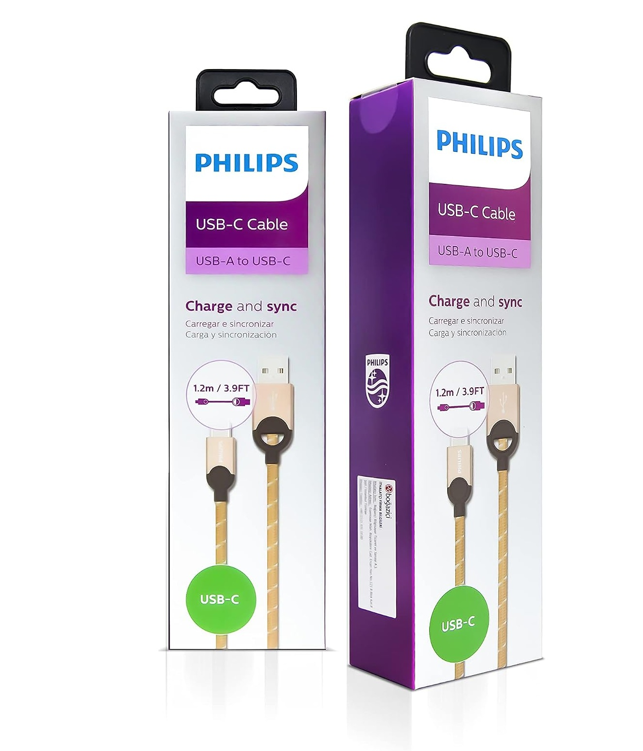 Mor, beyaz ve yeşil detaylı, ön ve açılı açılardan görünen iki adet Philips USB-C kablo kutusu.