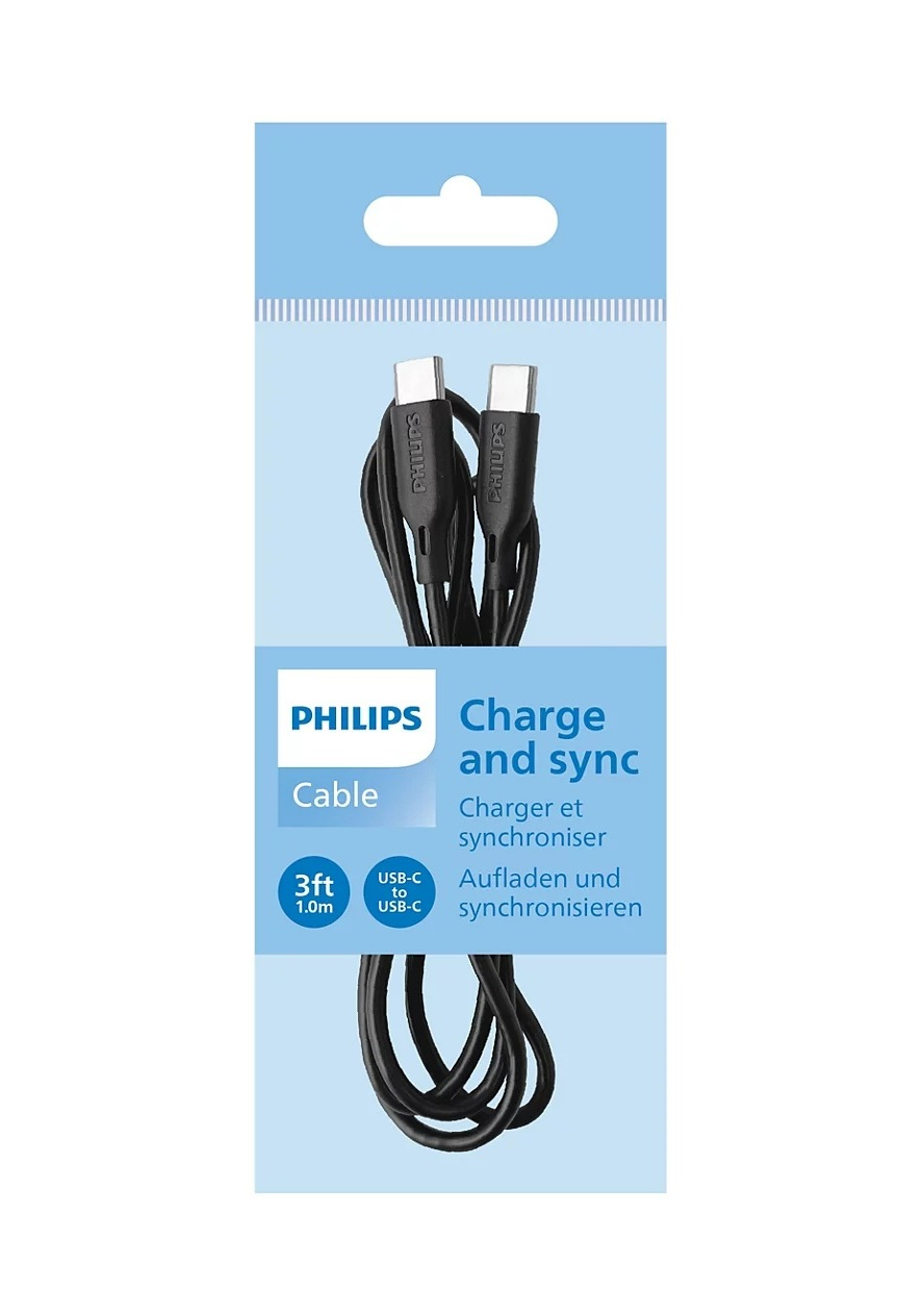 Charge and sync yazılı açık mavi ambalaj içinde Philips USB-C kablosu.