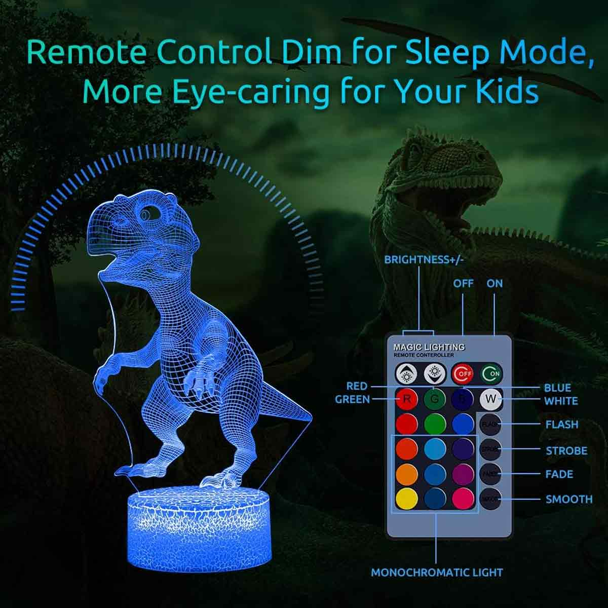 Blaue Dinosaurier-LED-Lampe mit Fernbedienung für Helligkeits- und Farbanpassungen vor dunklem Hintergrund.