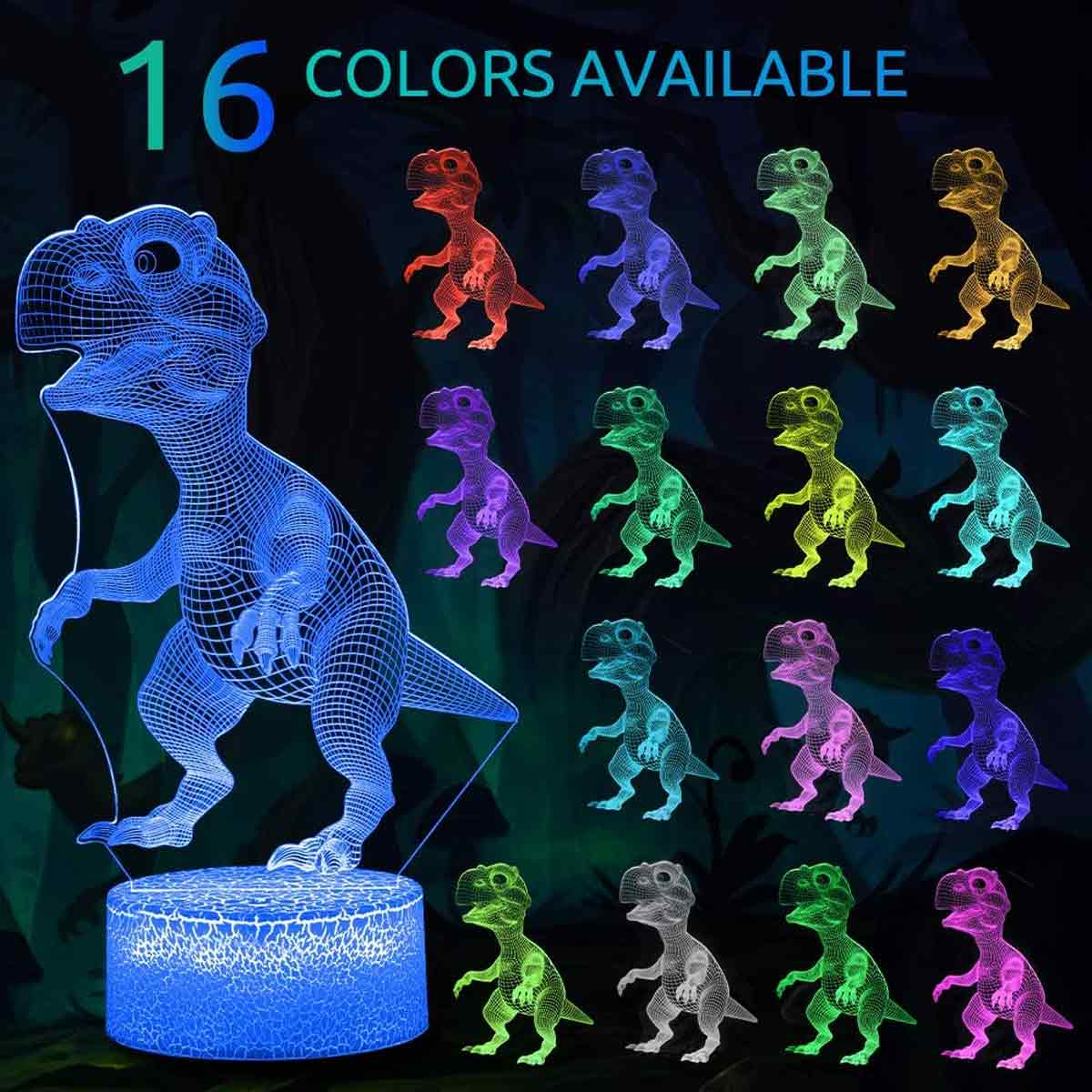 Ein 3D-Dinosaurier-Nachtlicht mit 16 verfuegbaren Farben gegen einen dunklen Hintergrund.