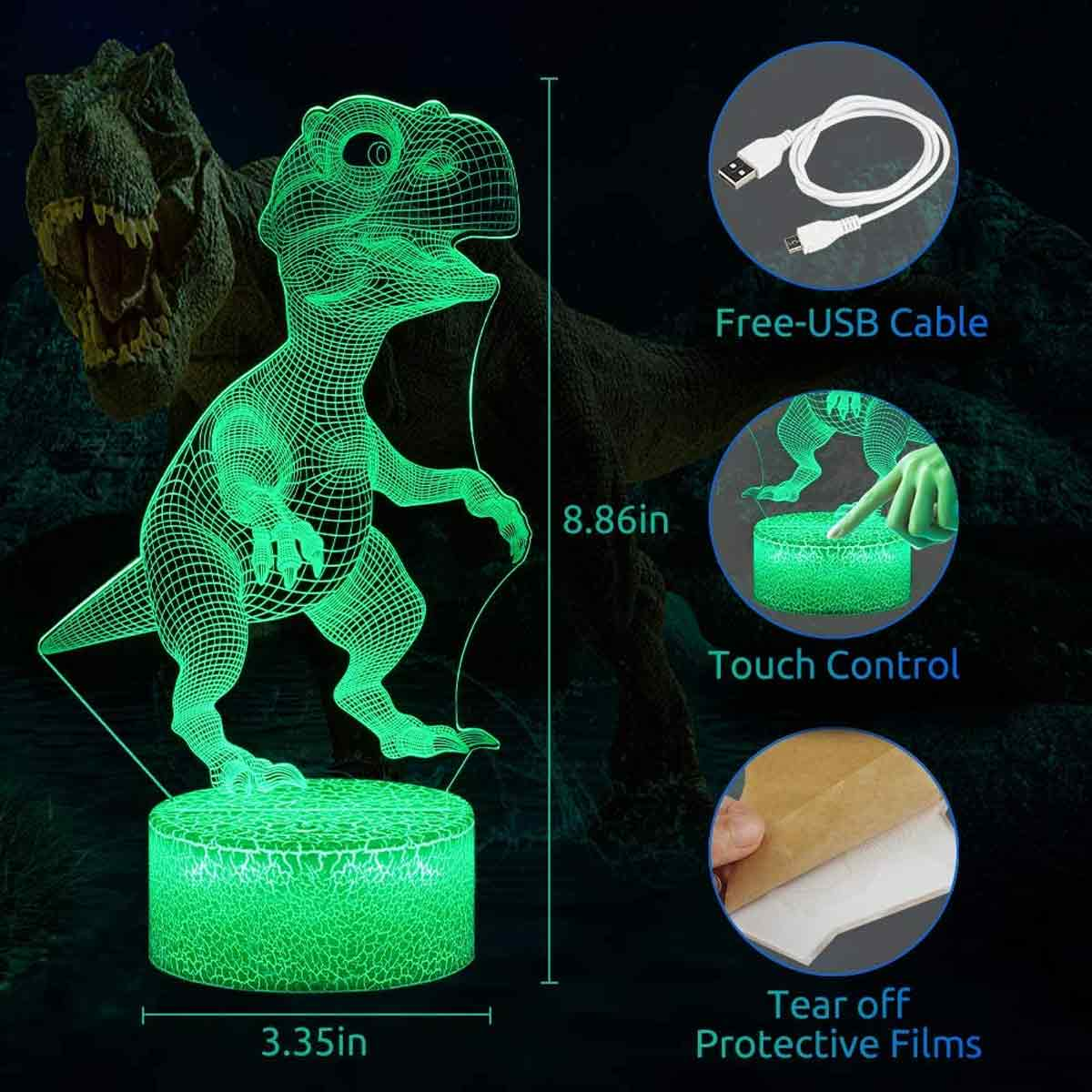 Grüne 3D-Dinosaurier-LED-Lampe mit USB-Kabel und Touch-Steuerung vor dunklem Hintergrund.