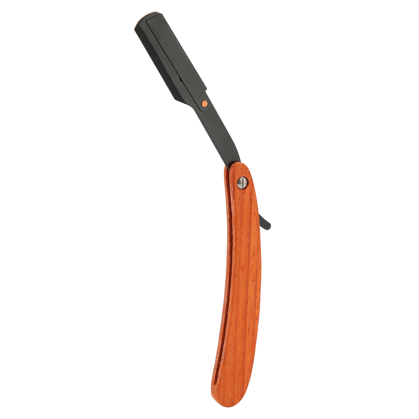 Ein Rasiermesser mit schwarzer Klinge und Holzgriff vor weißem Hintergrund.
